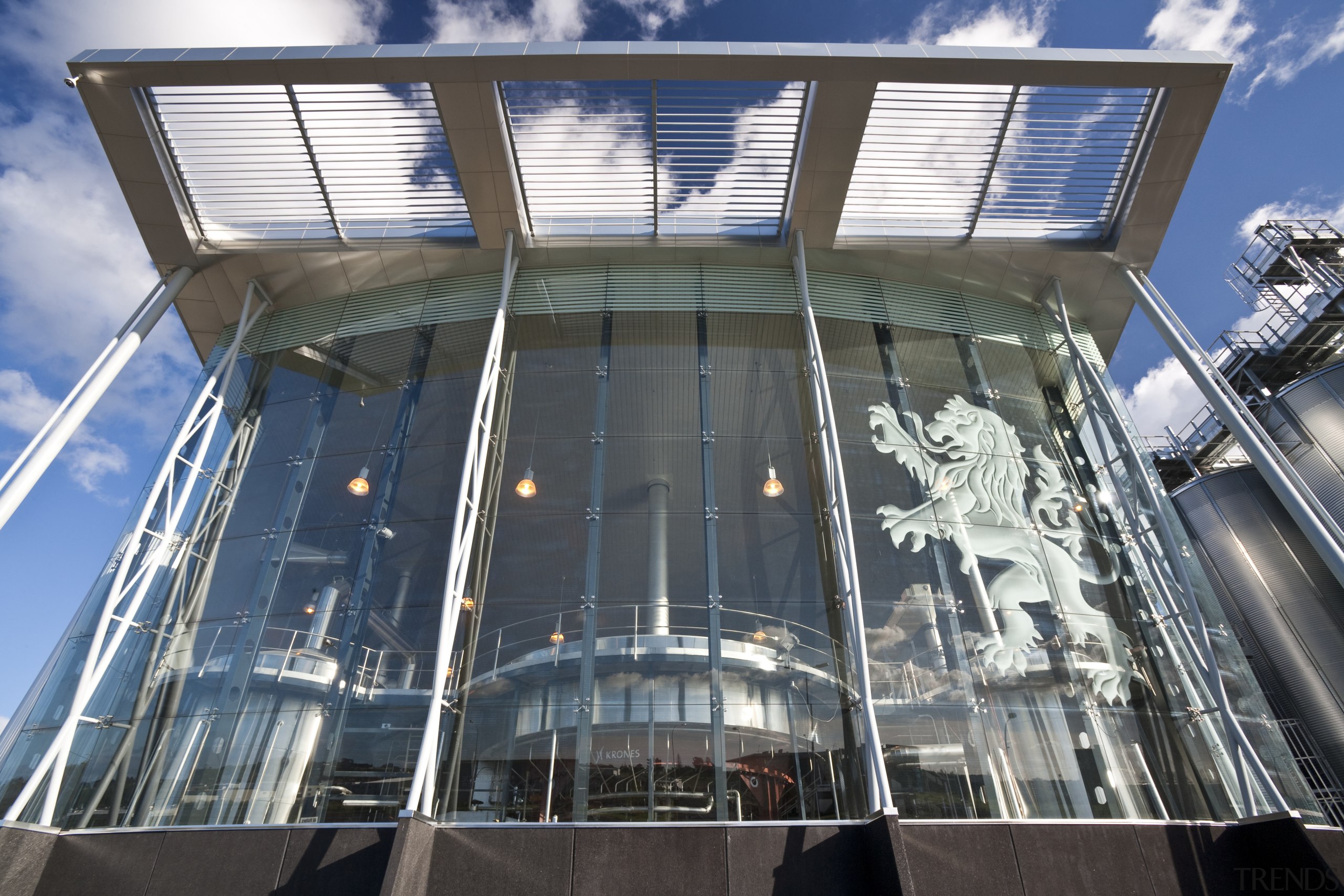 Exterior view of the brewhouse which was constructed architecture, building, commercial building, corporate headquarters, daylighting, facade, glass, metropolitan area, mixed use, structure, gray, black