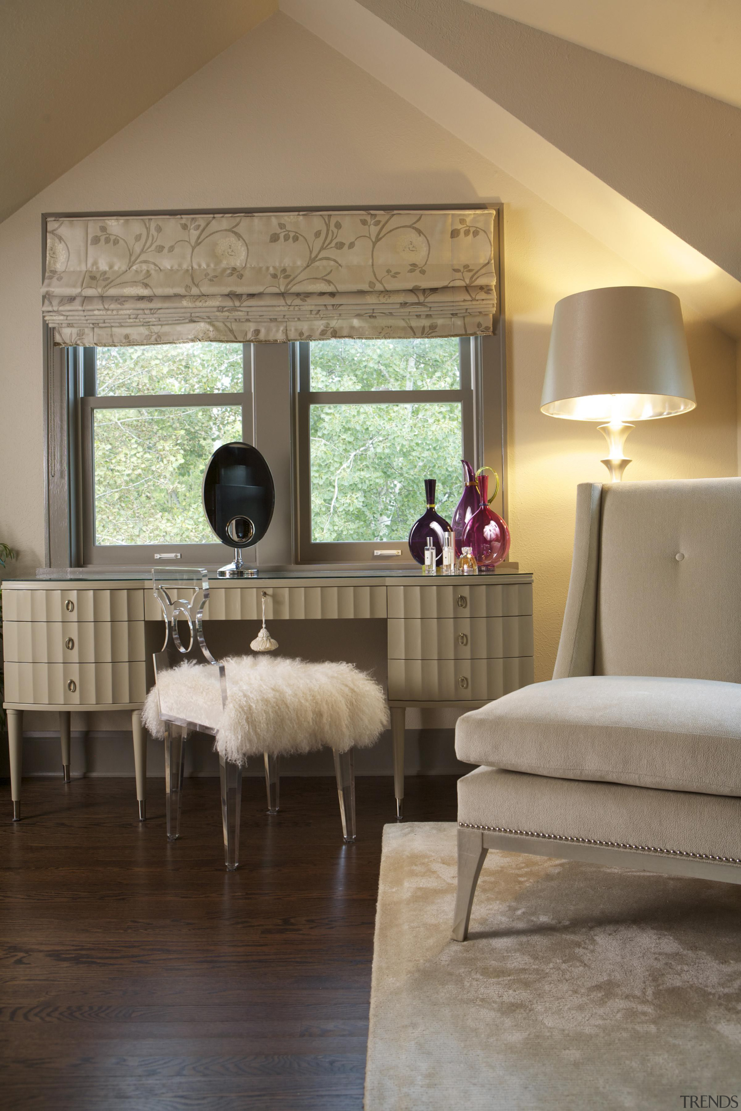 Historic Bungalow Renovation - Master Bedroom Vanity Area ceiling, floor, flooring, furniture, hardwood, home, house, interior design, living room, room, table, window, window covering, window treatment, wood, wood flooring, brown, gray