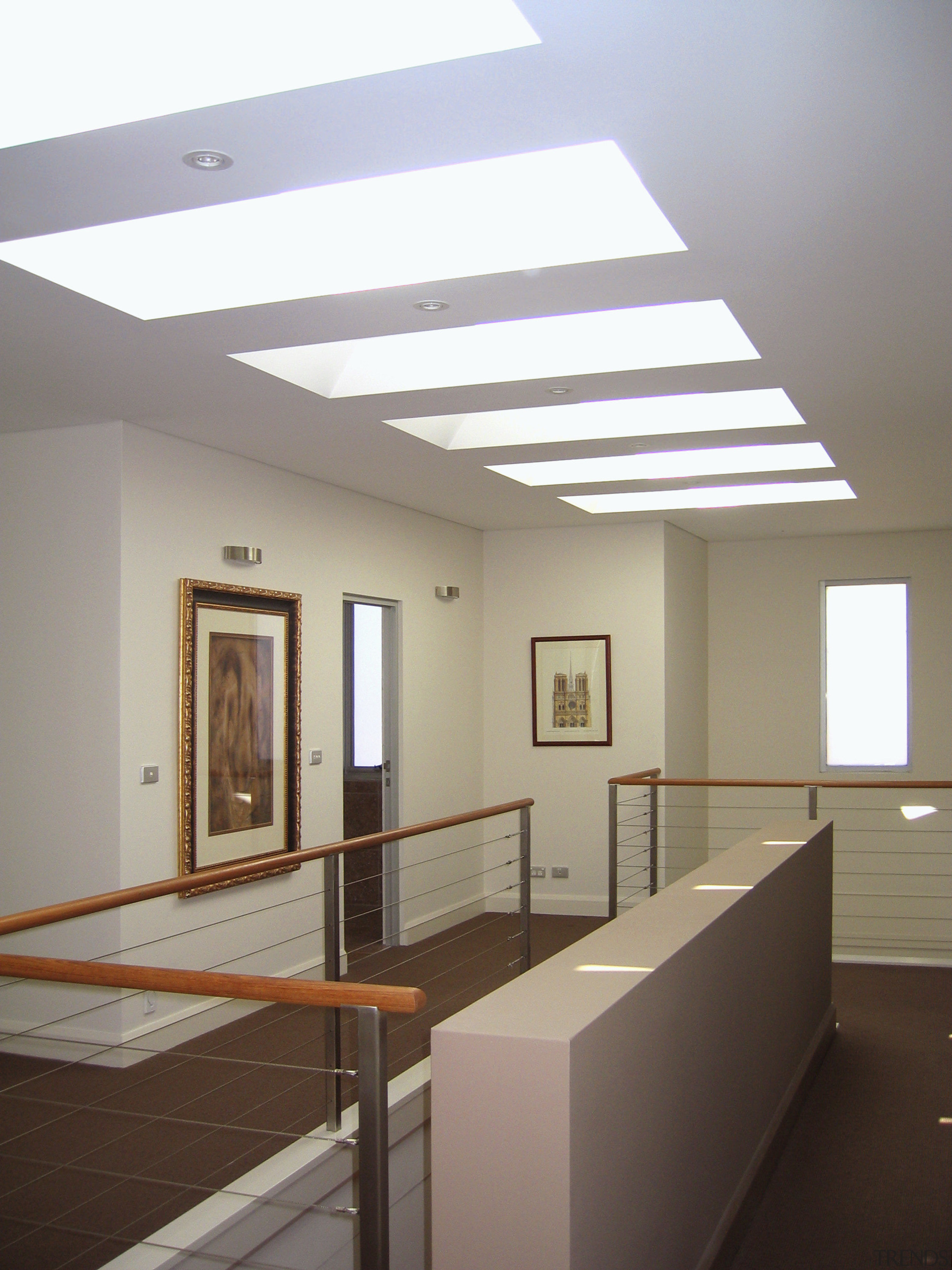 An interior an Exterior view of this home architecture, ceiling, daylighting, floor, handrail, house, interior design, window, gray, brown