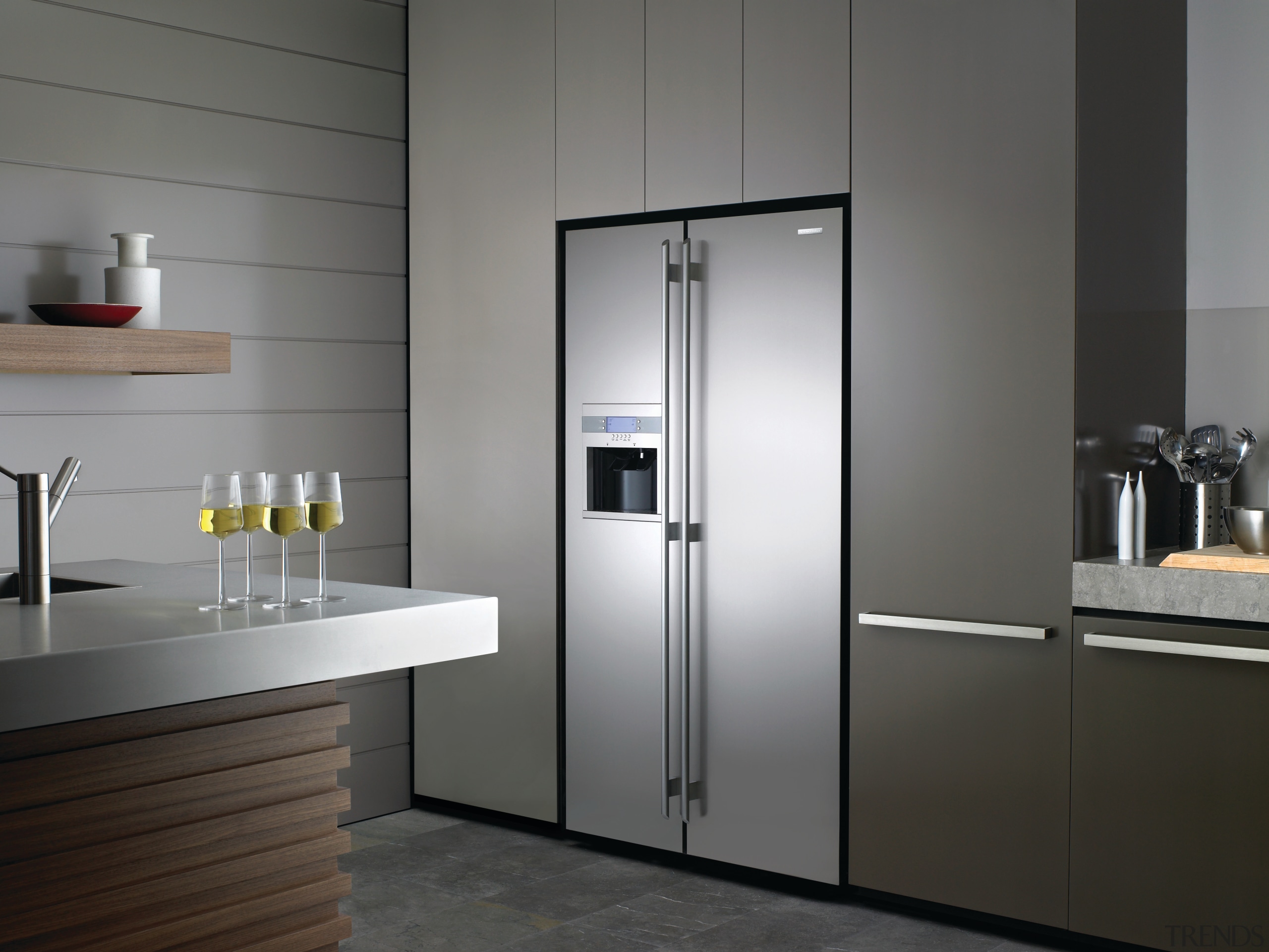 Electroluxs E:lie side-by-side refrigerator combines a large capacity home appliance, kitchen, kitchen appliance, major appliance, product design, refrigerator, gray, black