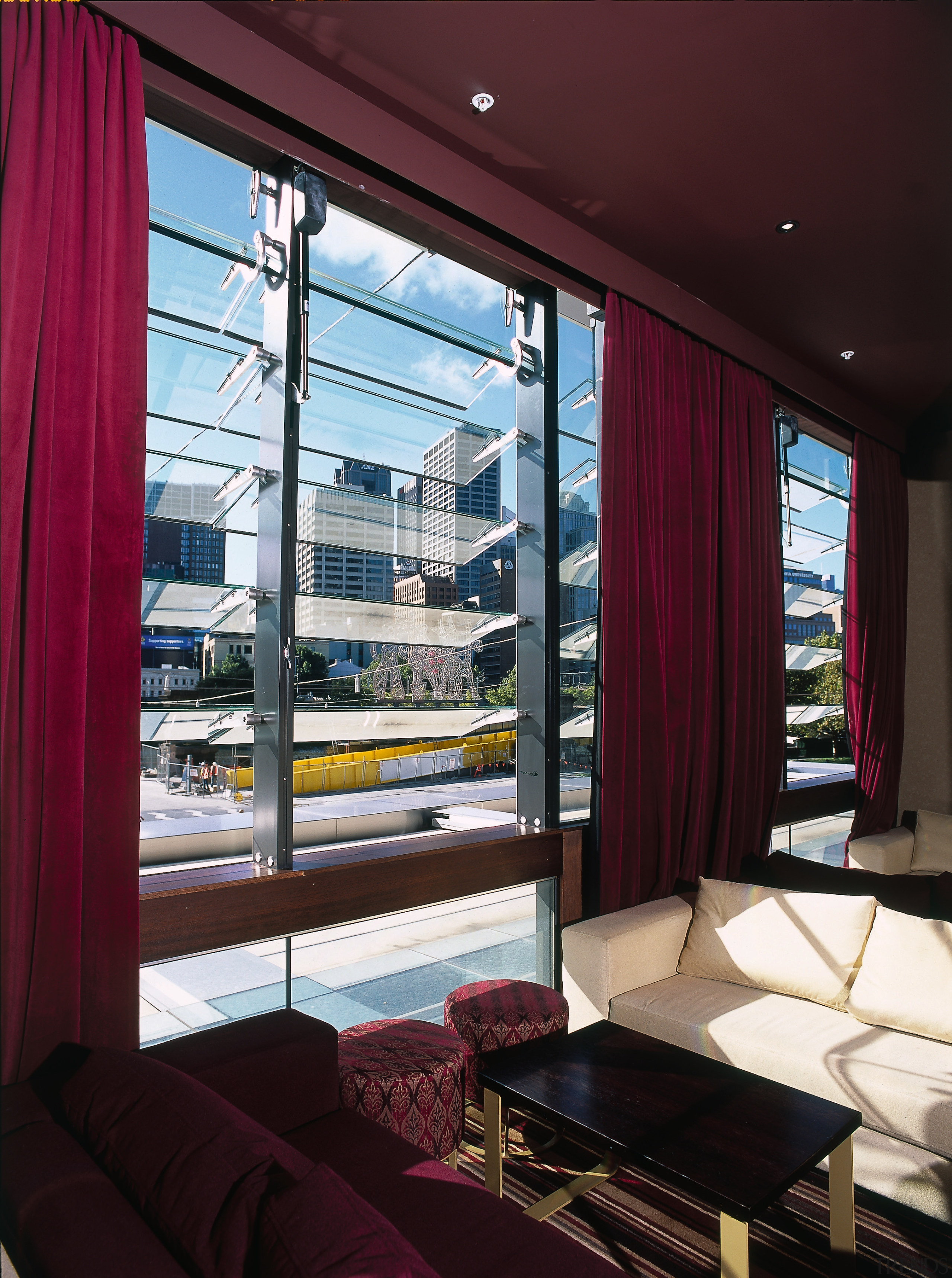 the BLVd bar features  customised agp fineline-xt curtain, home, interior design, room, suite, window, window covering, window treatment, red