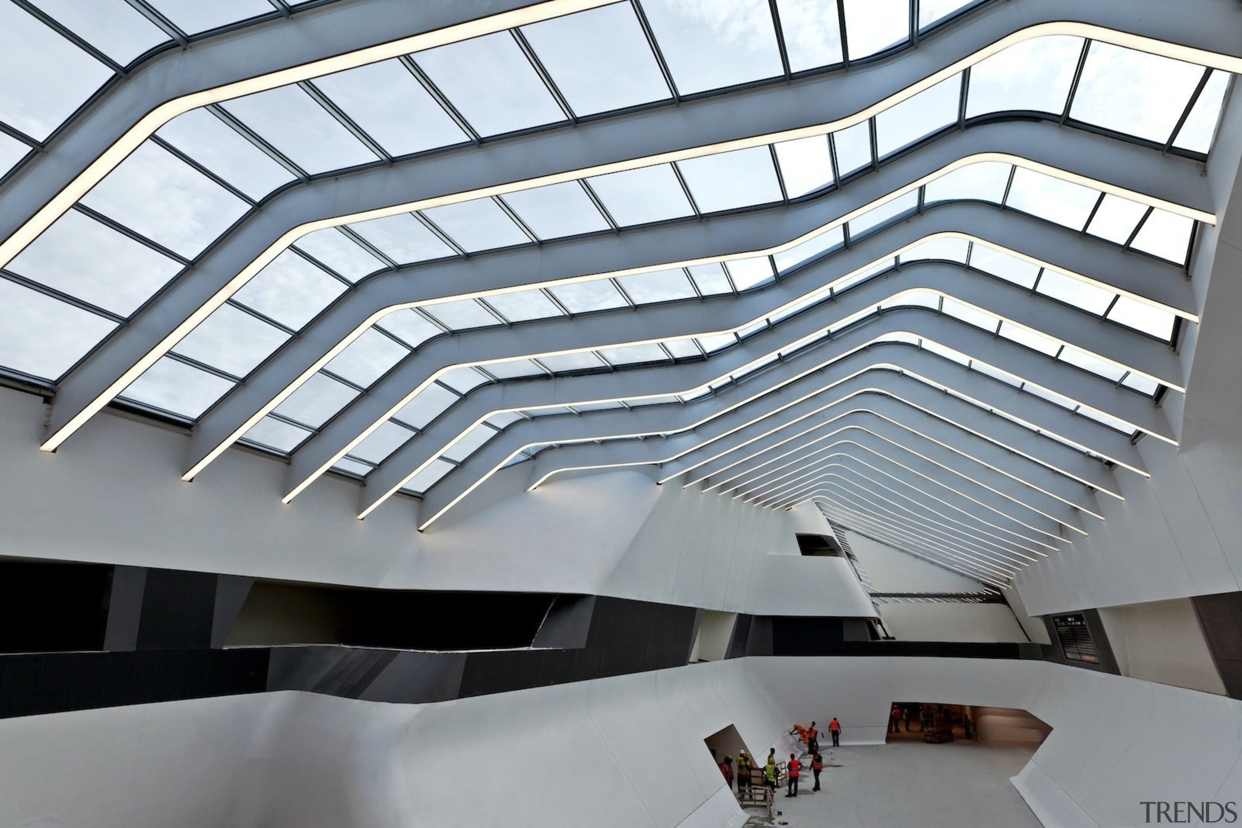 Architect: Zaha Hadid ArchitectsPhotography by Jacopo angle, architecture, building, ceiling, commercial building, daylighting, daytime, facade, headquarters, line, product design, structure, gray, white