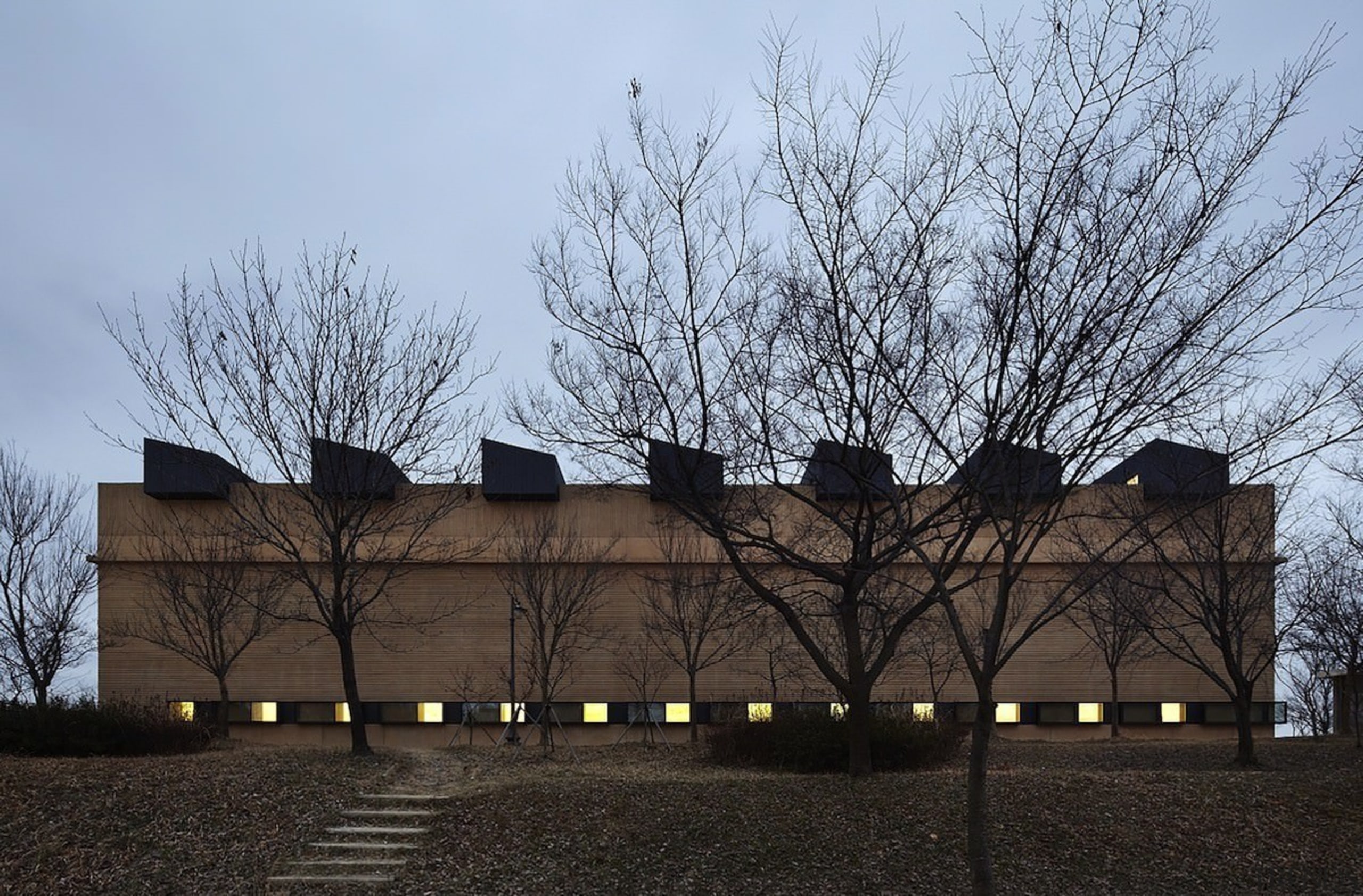 It almost has an ominous presence from the architecture, branch, building, evening, facade, home, house, plant, residential area, sky, tree, winter, woody plant, black, teal