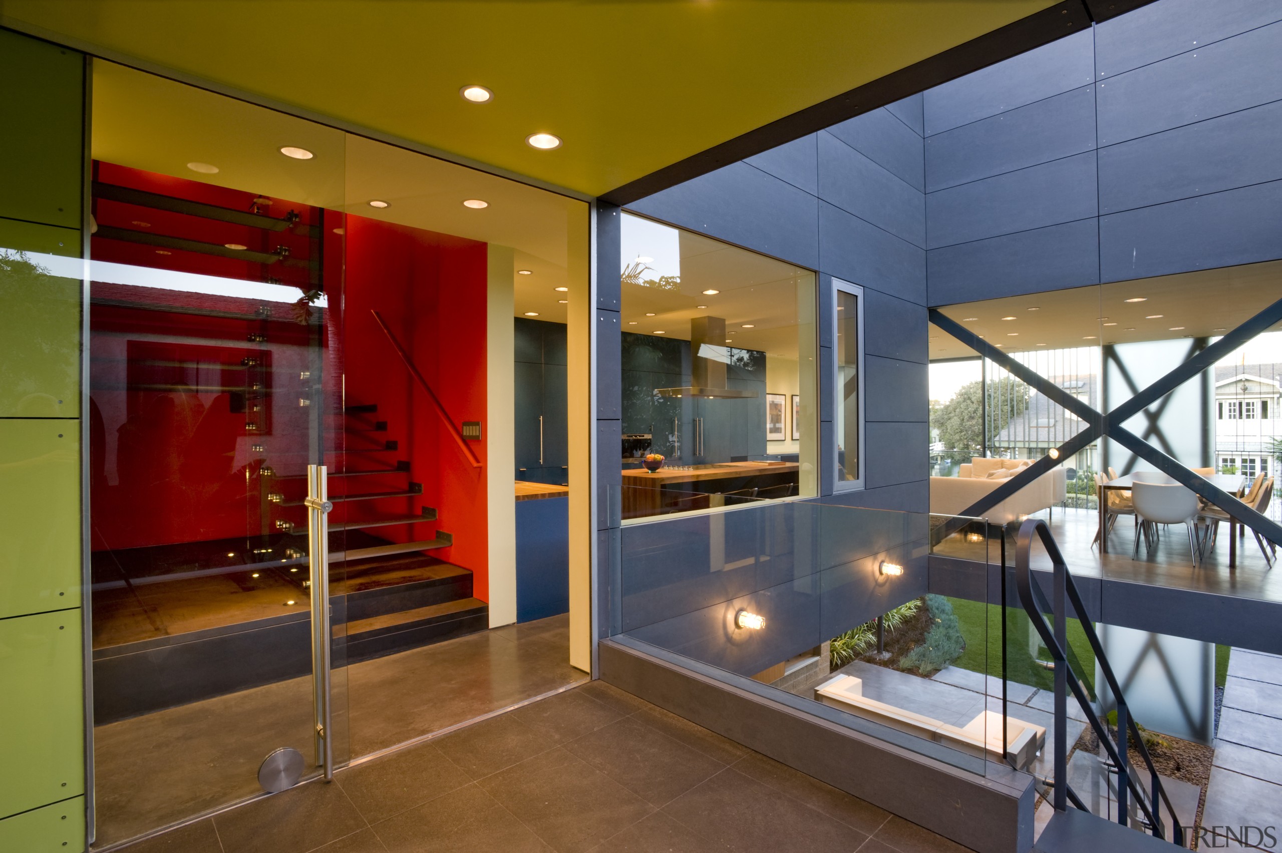 Circulation stair and indoor-outdoor void in transparent home architecture, ceiling, home, house, interior design, real estate, window, brown