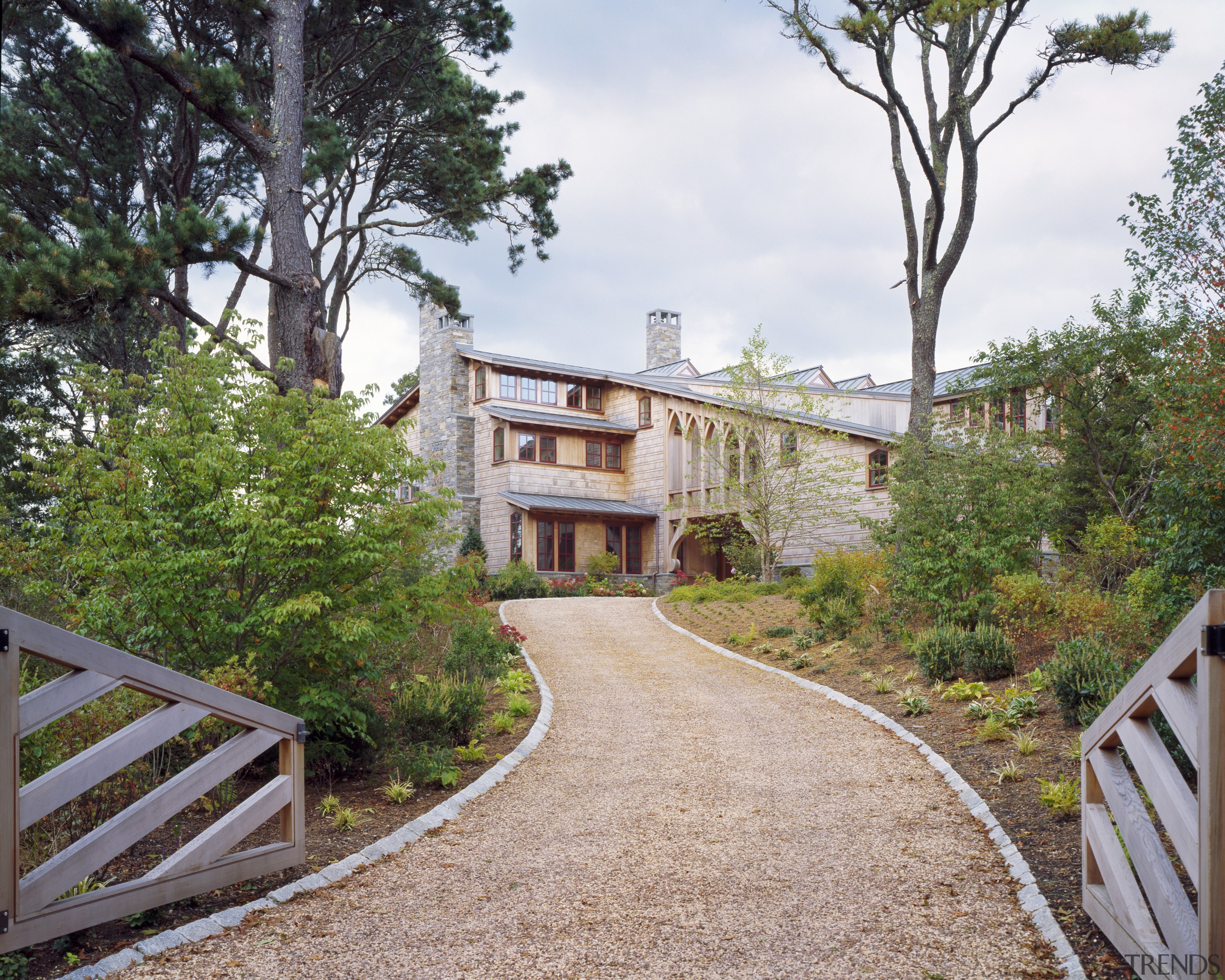 View of path up to multi story home cottage, estate, home, house, plant, property, real estate, residential area, tree, walkway, white