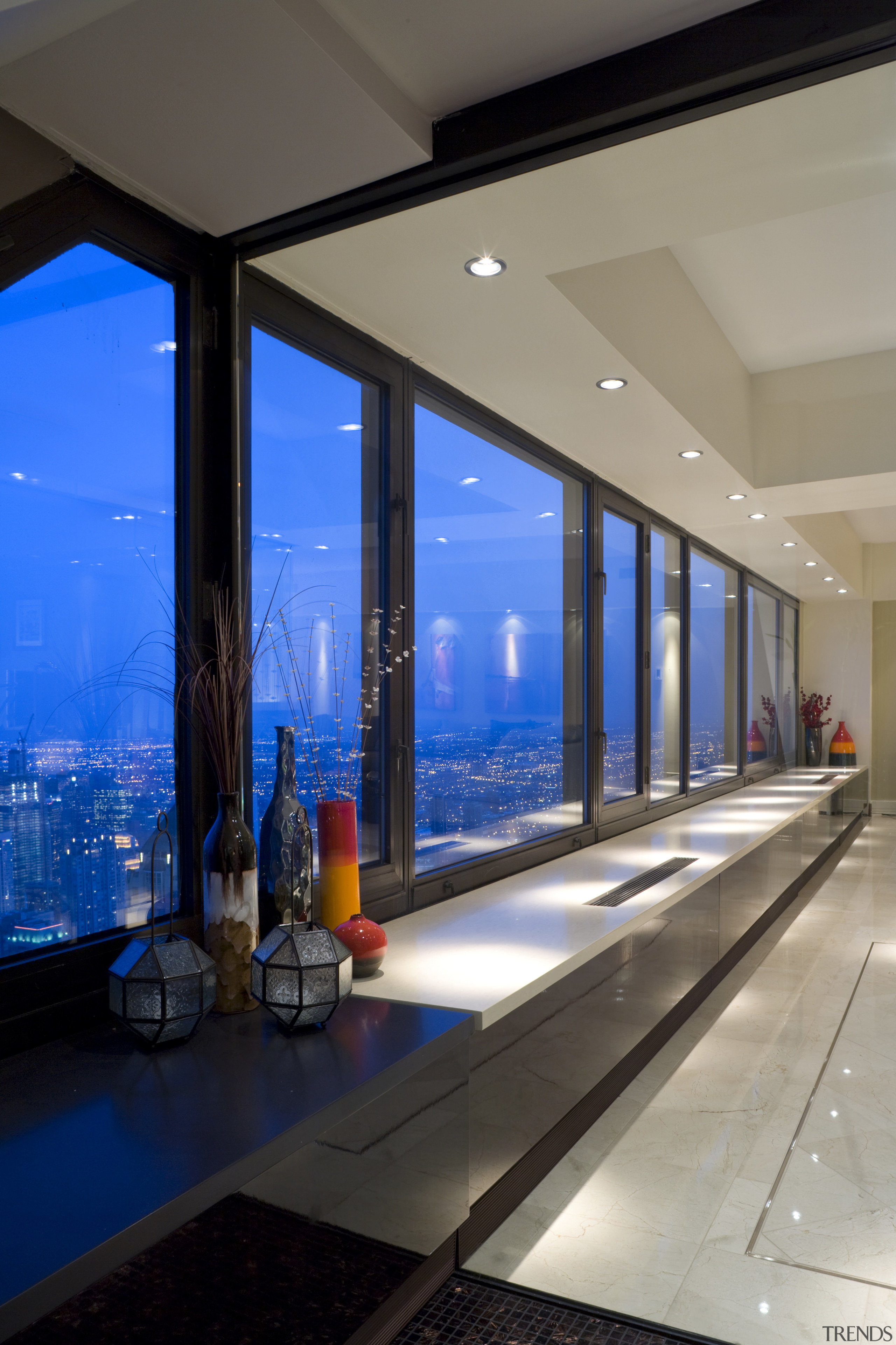 Newly introduced glass walls front the master bedroom apartment, architecture, daylighting, glass, house, interior design, real estate, window, gray, blue, black