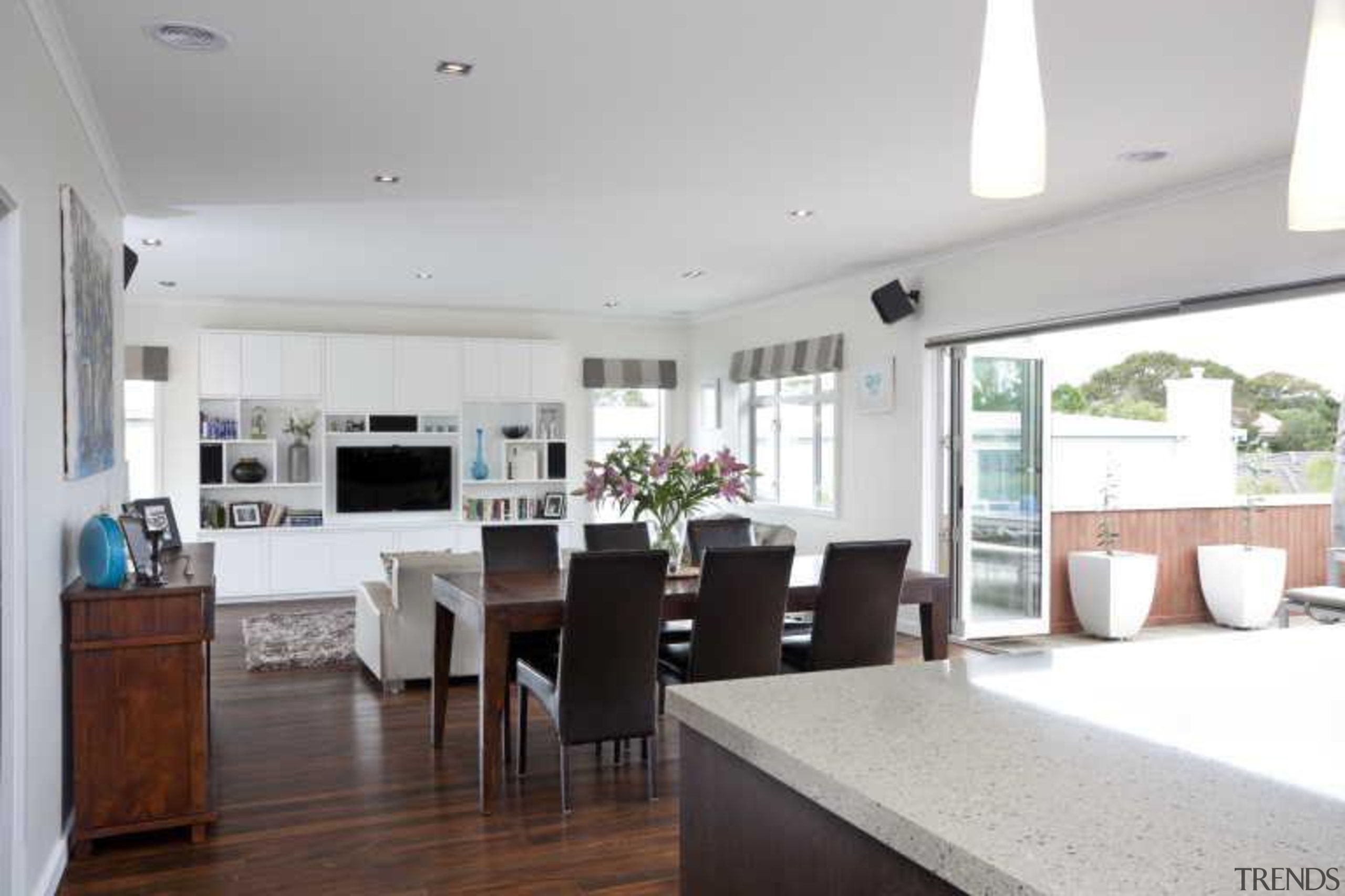 View of open plan kitchen, dining and lounge ceiling, floor, flooring, house, interior design, kitchen, property, real estate, room, window, white