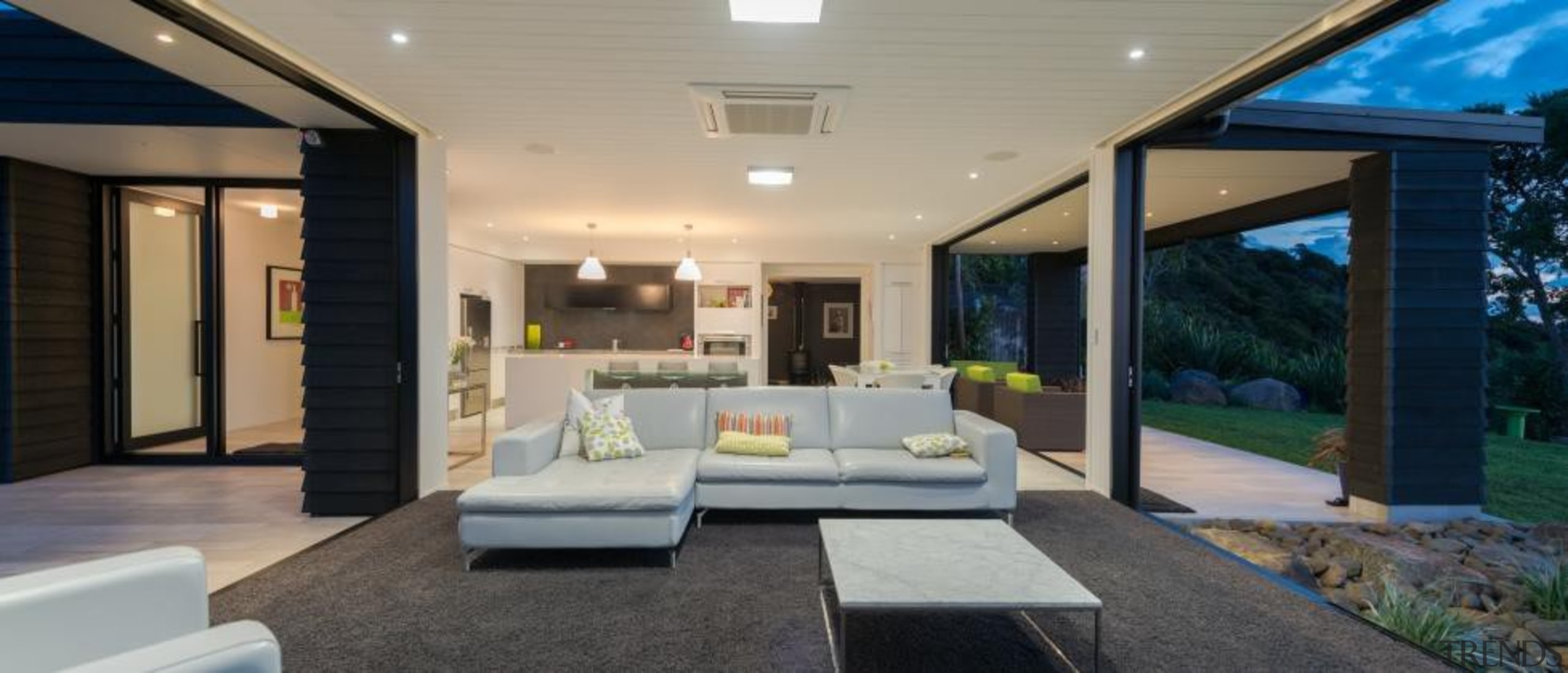 ADNZ Waikato Region Award Winner for Addition and architecture, ceiling, estate, home, house, interior design, lighting, living room, patio, property, real estate, window, gray, black