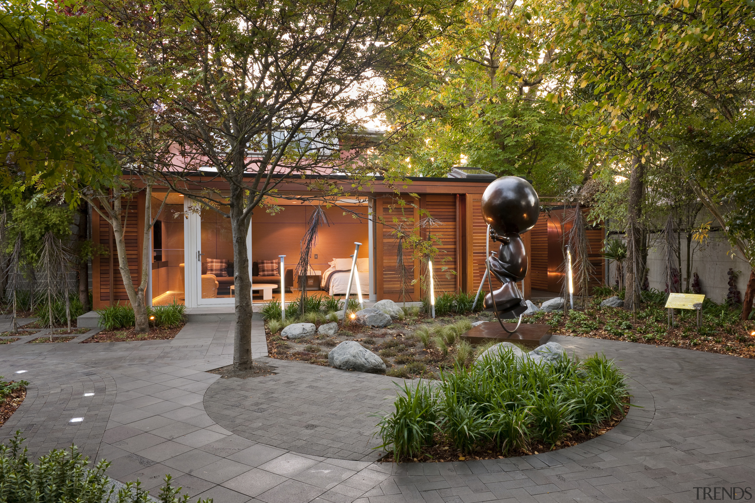 View of private courtyard which features native planting, backyard, courtyard, estate, garden, home, house, landscape, landscaping, outdoor structure, plant, property, real estate, walkway, yard, brown, gray