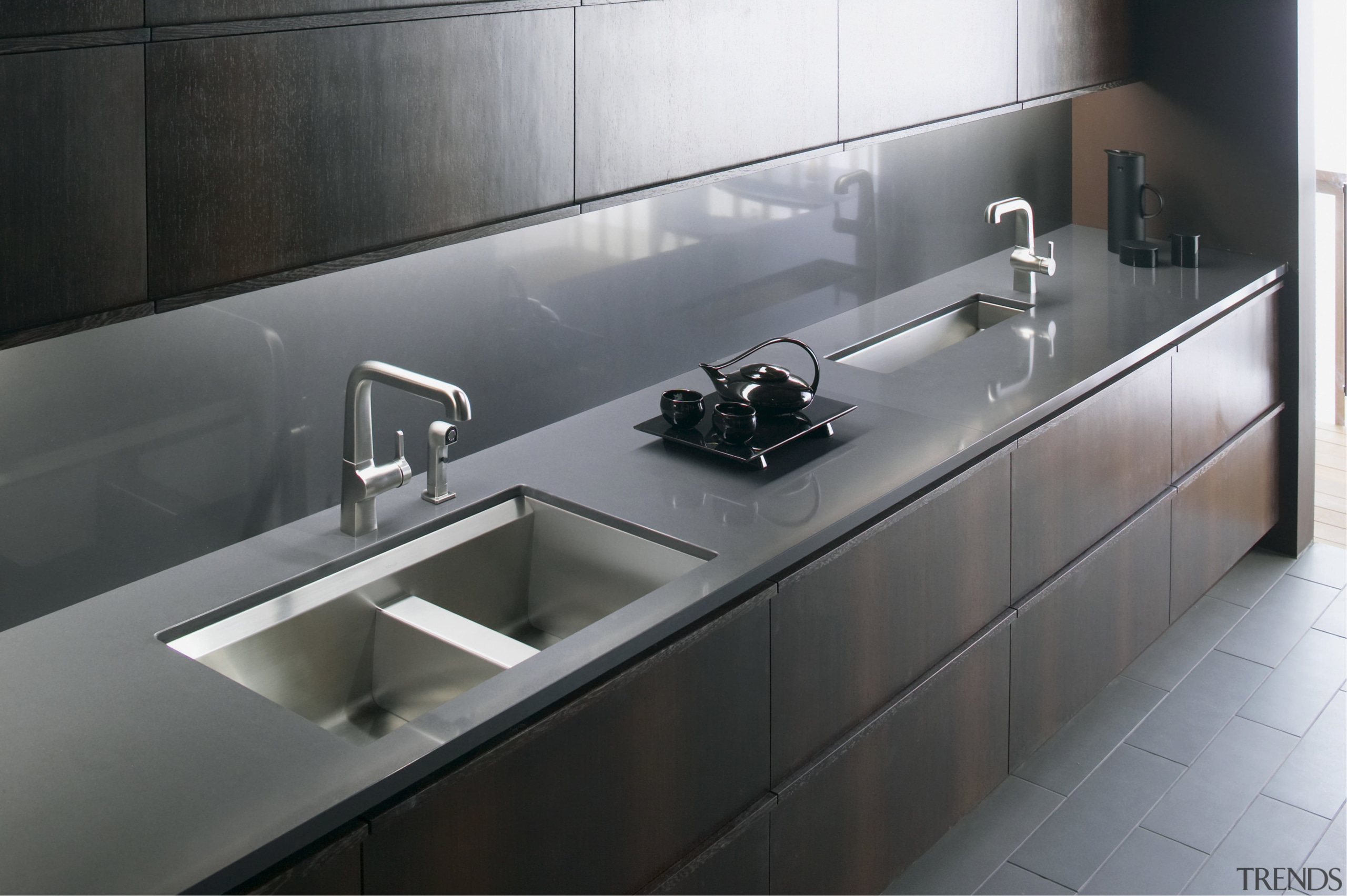 Image of kitchen sink and tapware by Kohler. bathroom, bathroom sink, countertop, interior design, kitchen, plumbing fixture, product design, sink, tap, gray, black