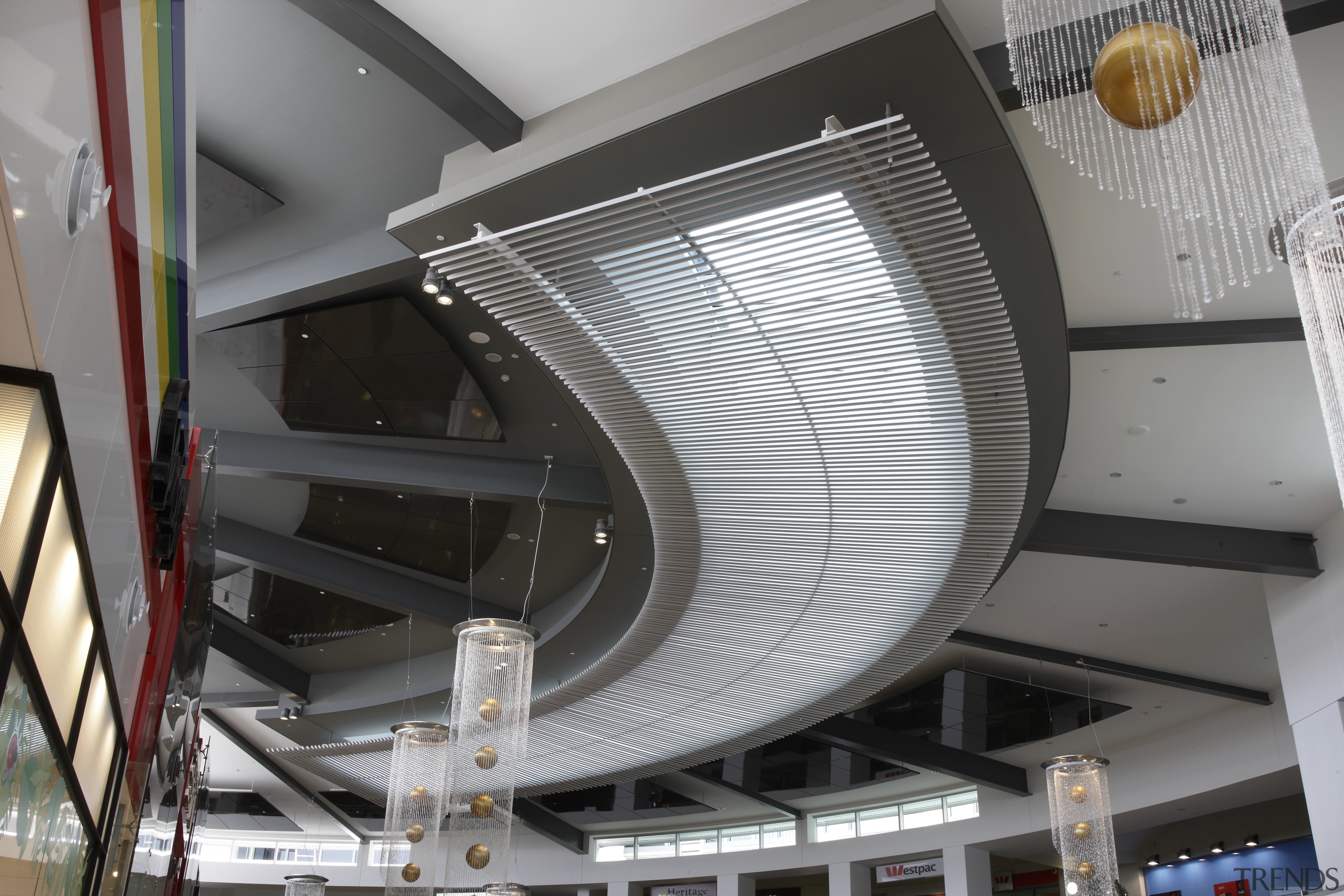 View of timber features at the Robina Town ceiling, technology, gray, black