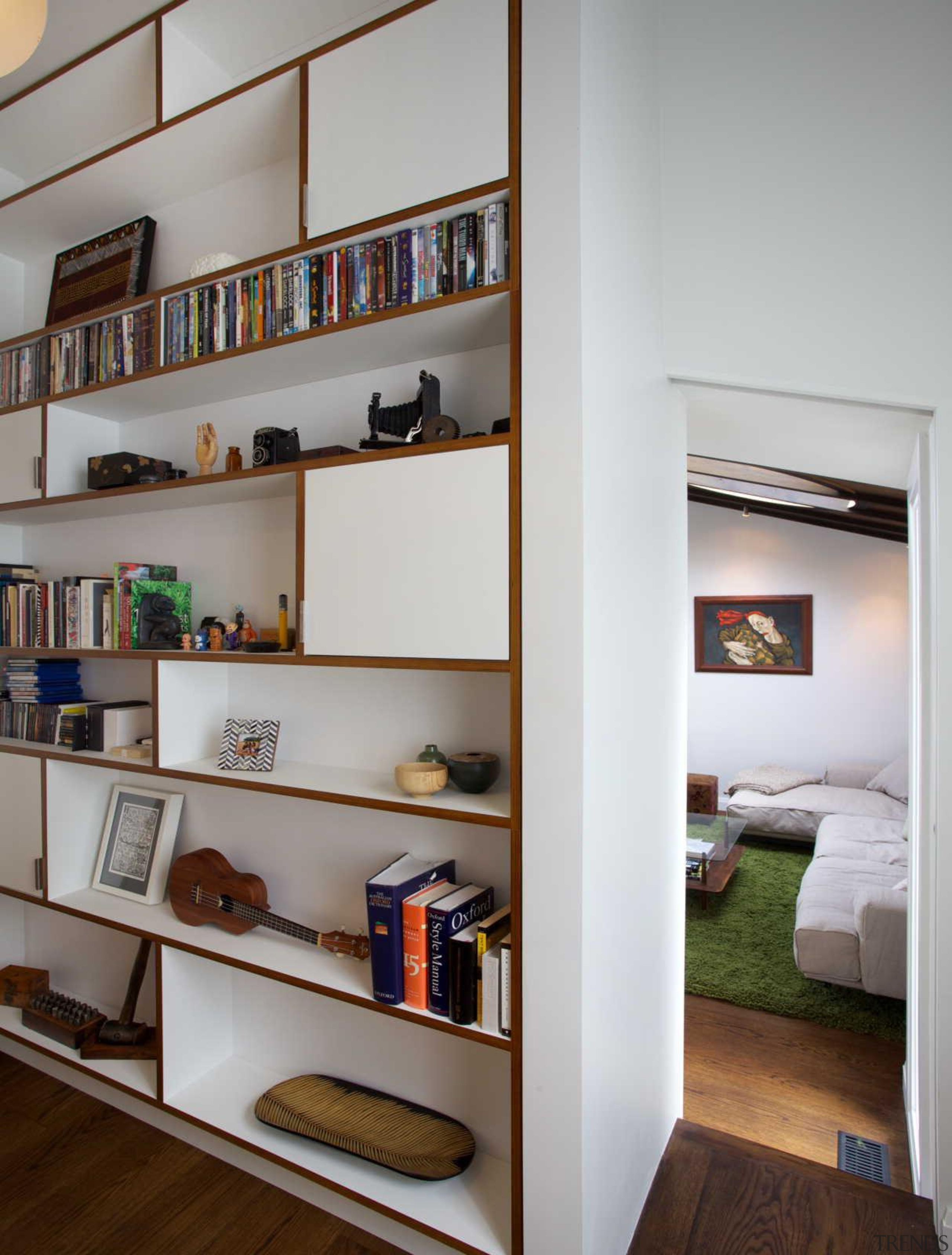 Generous storage for the new home office. - bookcase, furniture, interior design, shelf, shelving, gray