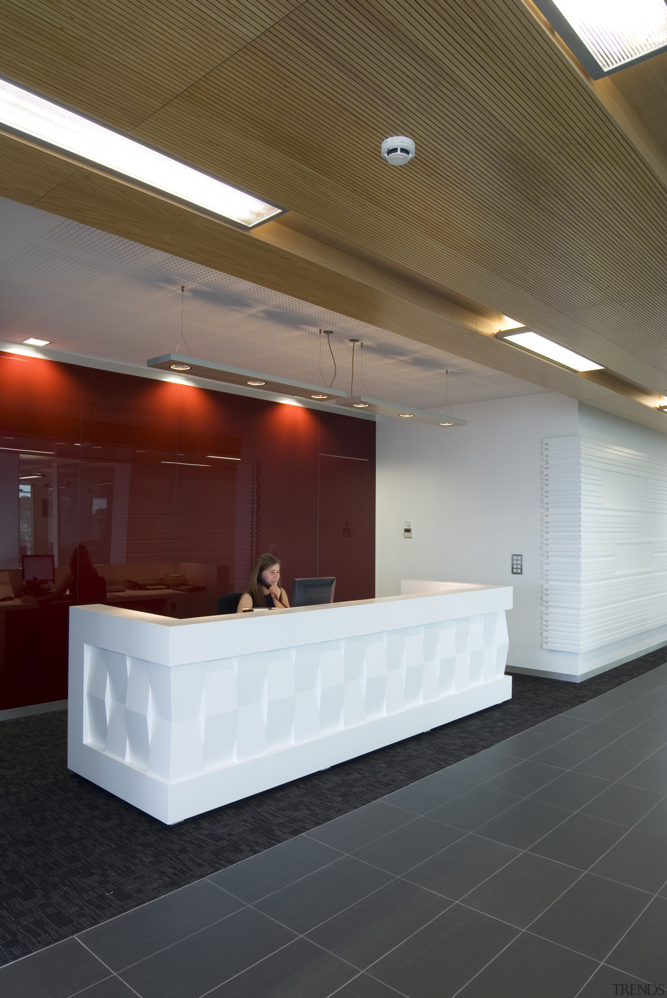 This sustainable office building in Auckland, the head architecture, ceiling, daylighting, floor, flooring, interior design, lobby, product design, brown