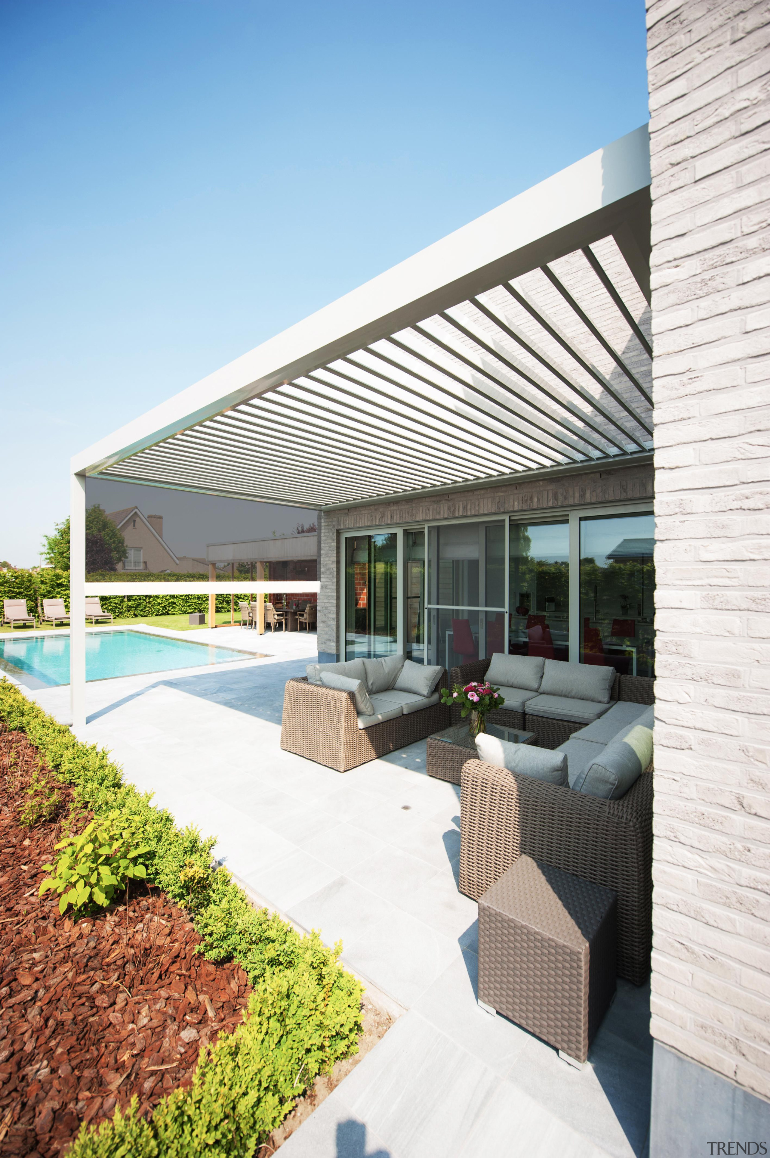 create your new favourite outdoor room with Louvretec architecture, daylighting, estate, house, real estate, roof, shade, white