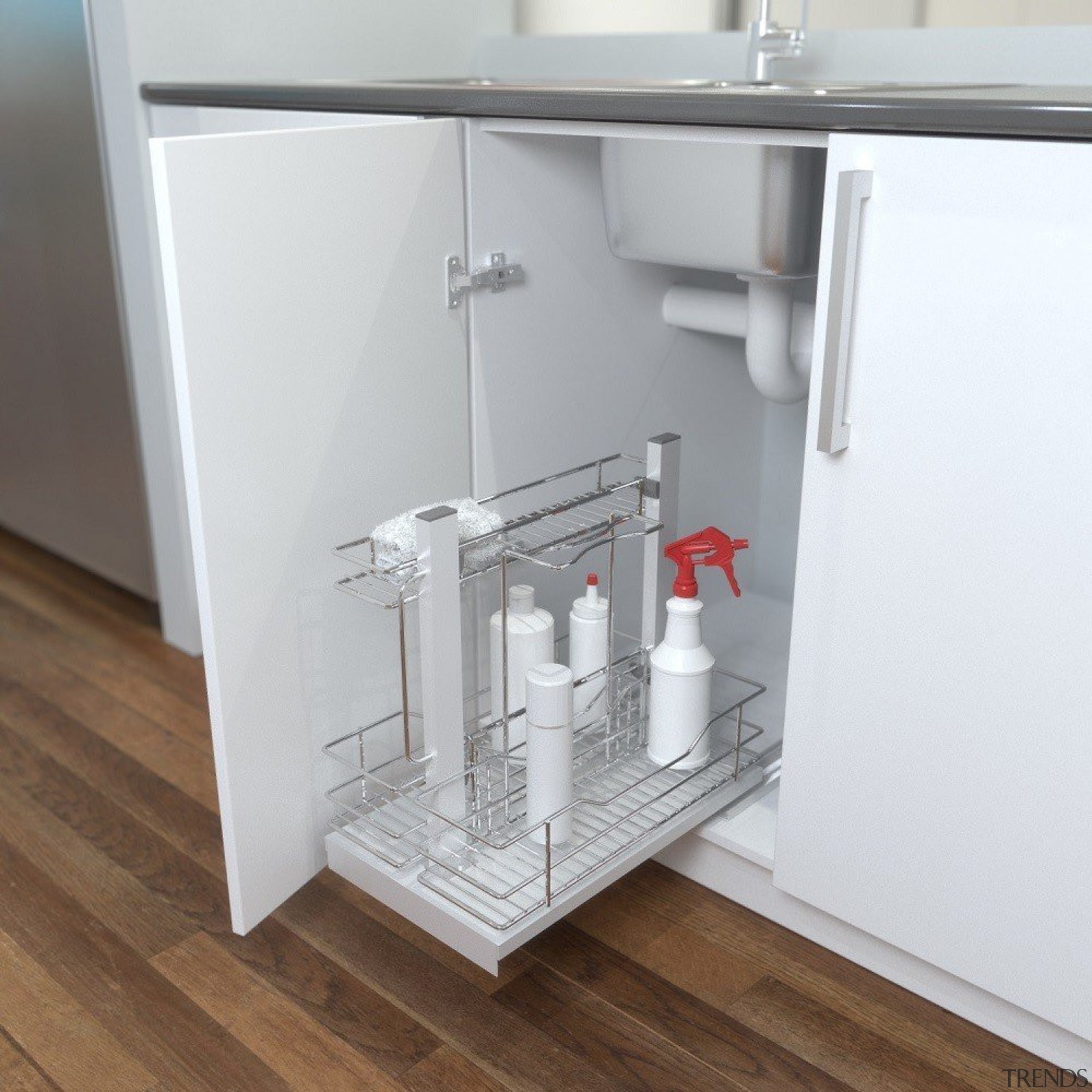 Giamo's Undersink detergent/cleaner storage unit with removable basket bathroom accessory, bathroom cabinet, drawer, furniture, product, shelf, shelving, tap, white