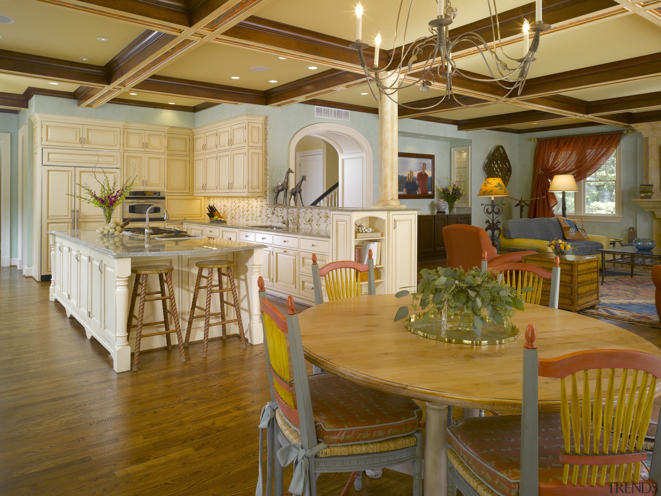 A view of the kitchen, dining and living ceiling, dining room, estate, home, interior design, kitchen, living room, real estate, room, table, brown, orange