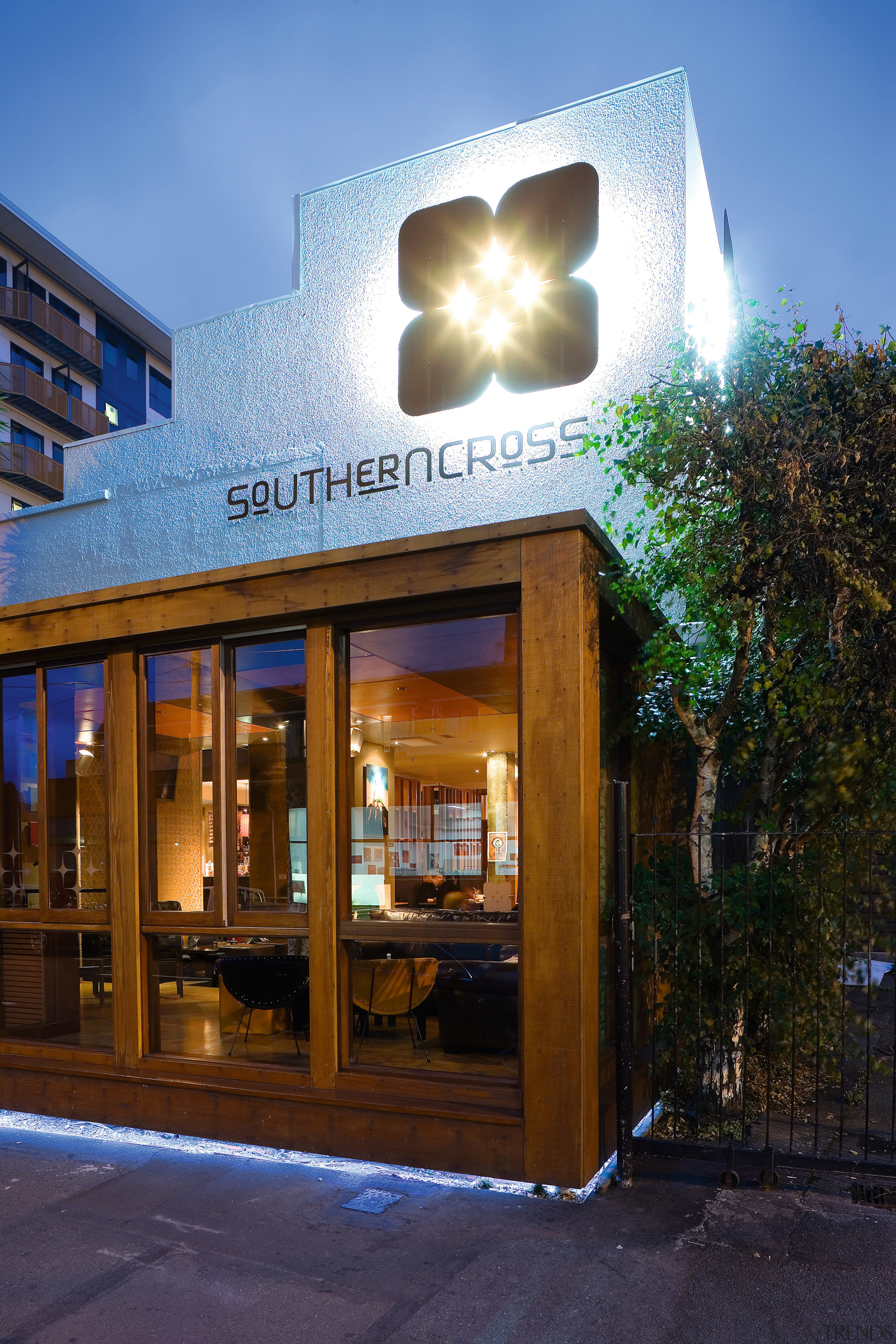 The hotel's signage combines the southern cross constellation building, facade, real estate