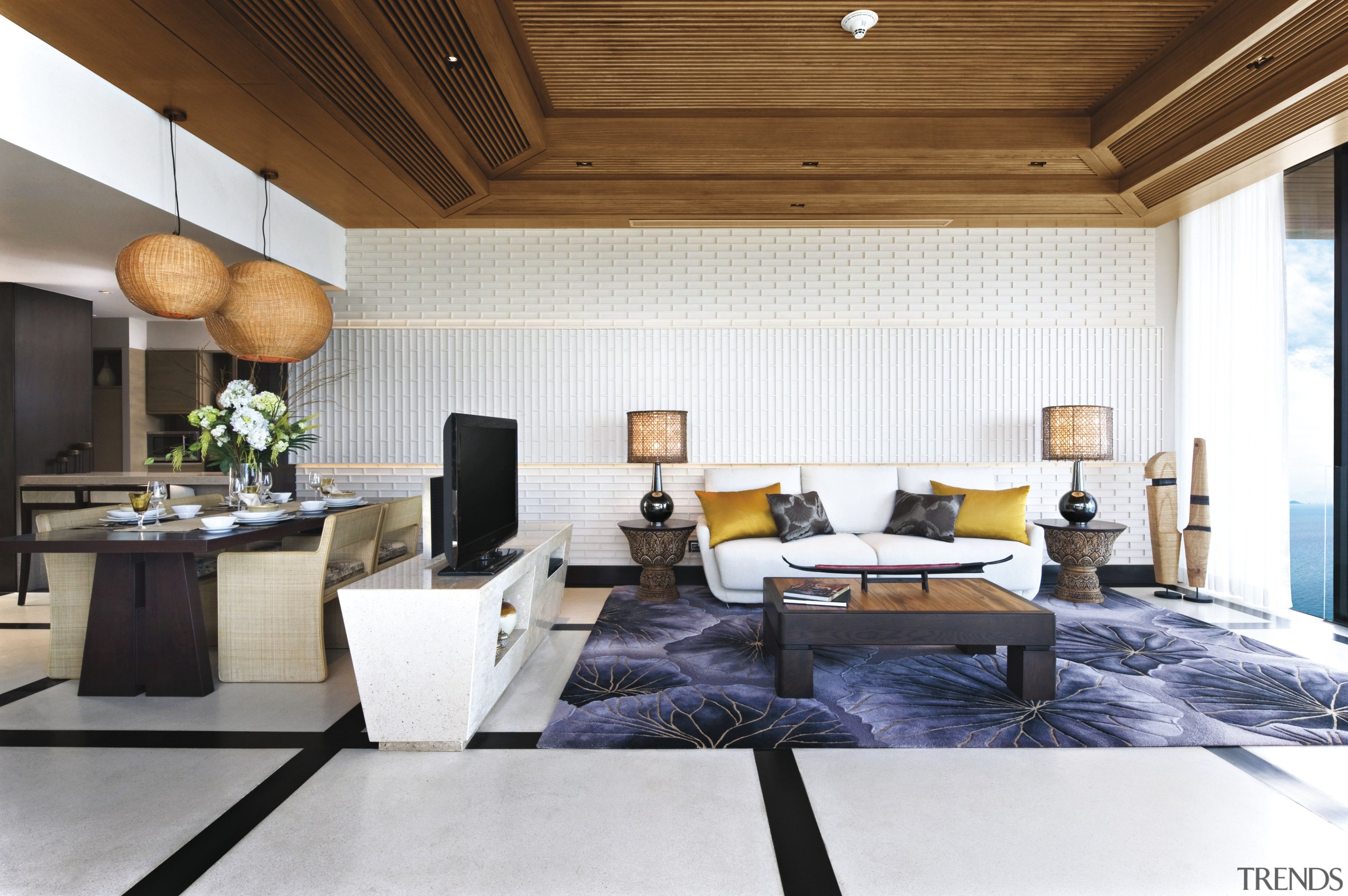 View of contemporary resort with European/Thai-style furniture, sliding ceiling, interior design, living room, real estate, room, white