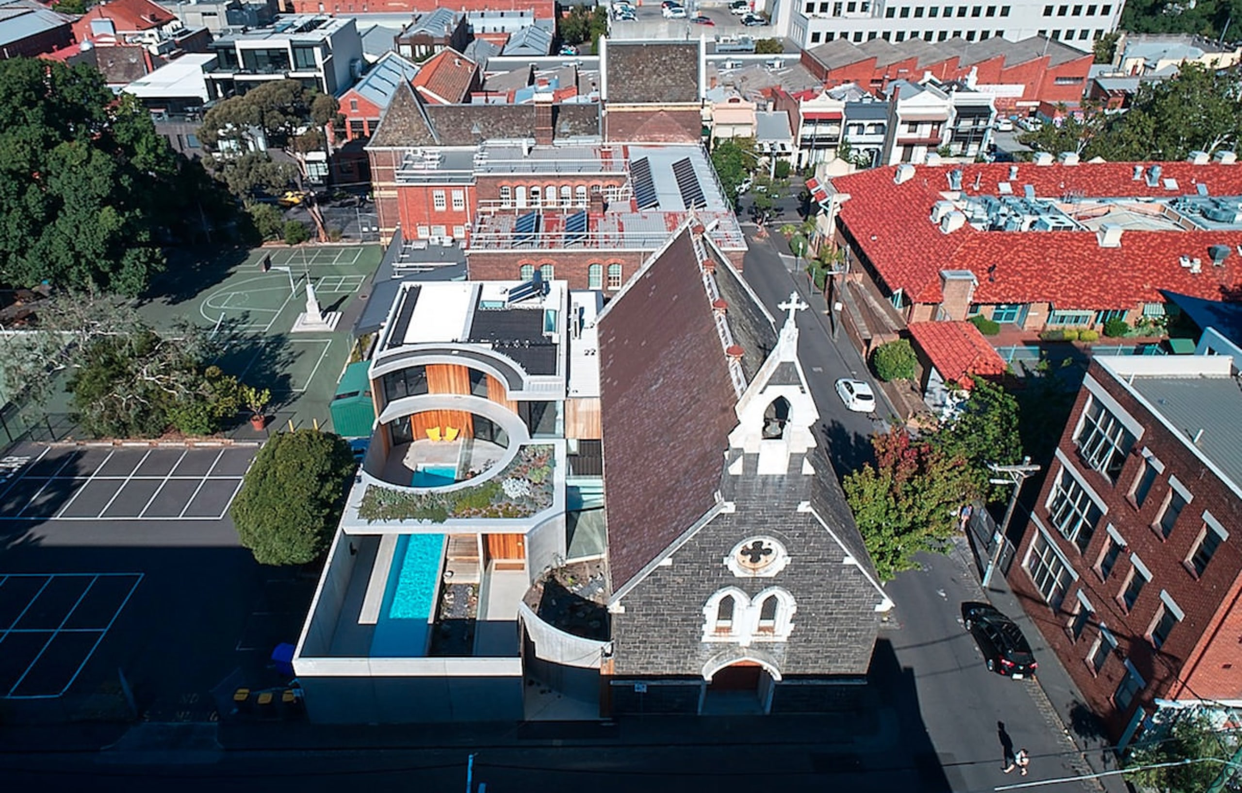 The church from above - The church from aerial photography, bird's eye view, building, city, house, metropolitan area, mixed use, neighbourhood, real estate, residential area, roof, suburb, town, urban area, black, gray