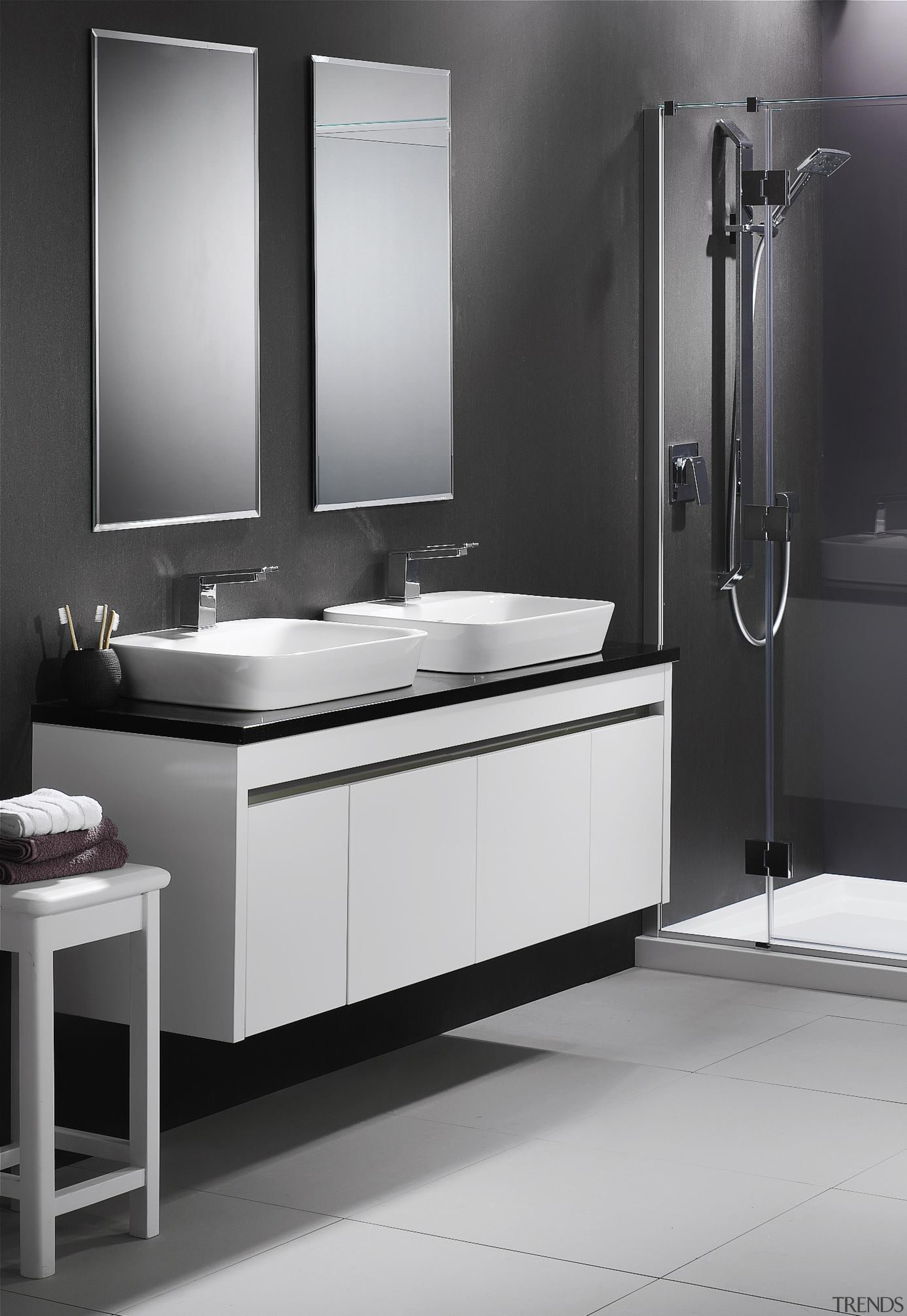 Express your style by pairing the natural beauty angle, bathroom, bathroom accessory, bathroom cabinet, plumbing fixture, product, product design, sink, tap, gray, black