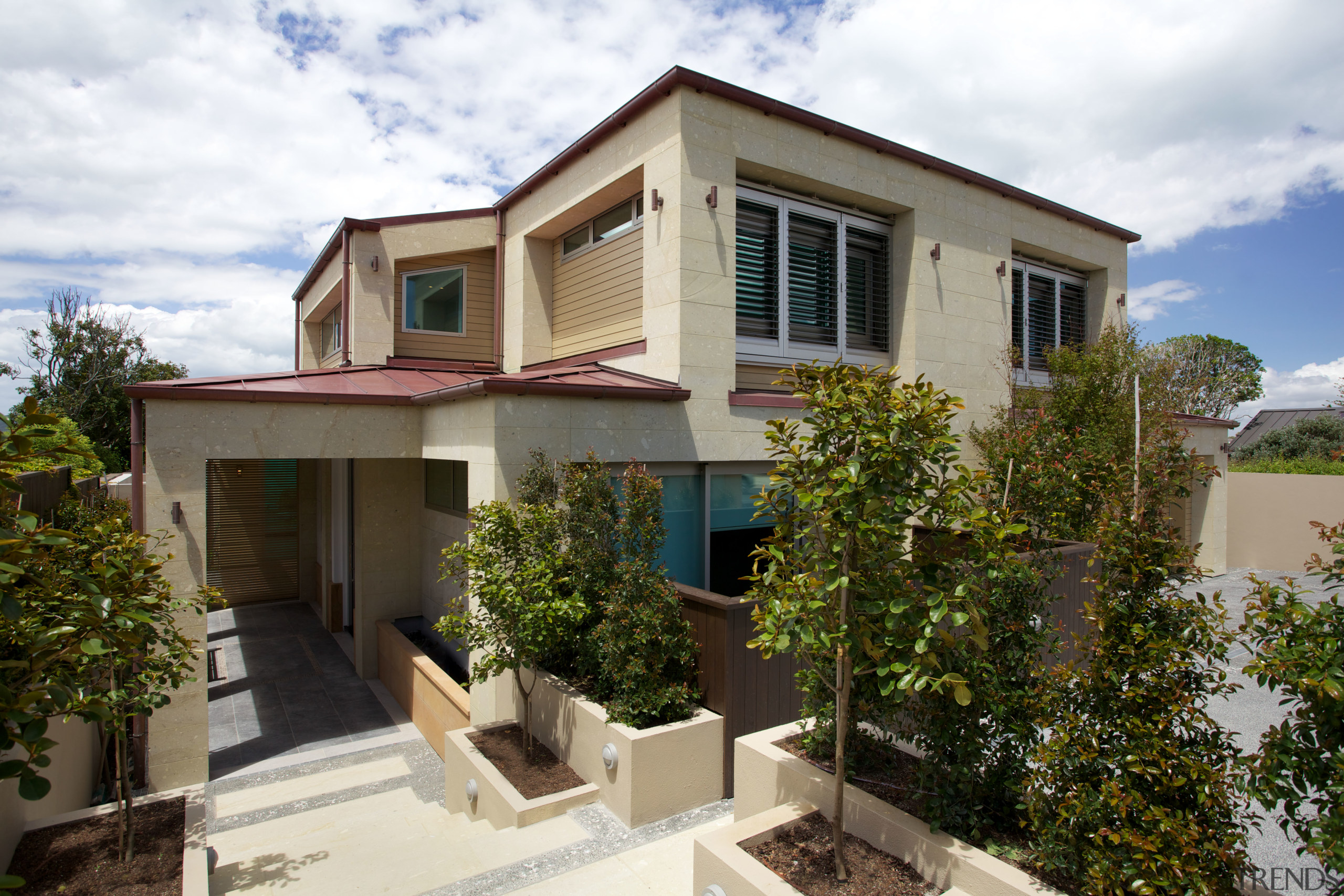 to create an easy flow out to the apartment, building, elevation, estate, facade, home, house, neighbourhood, property, real estate, residential area, villa, brown