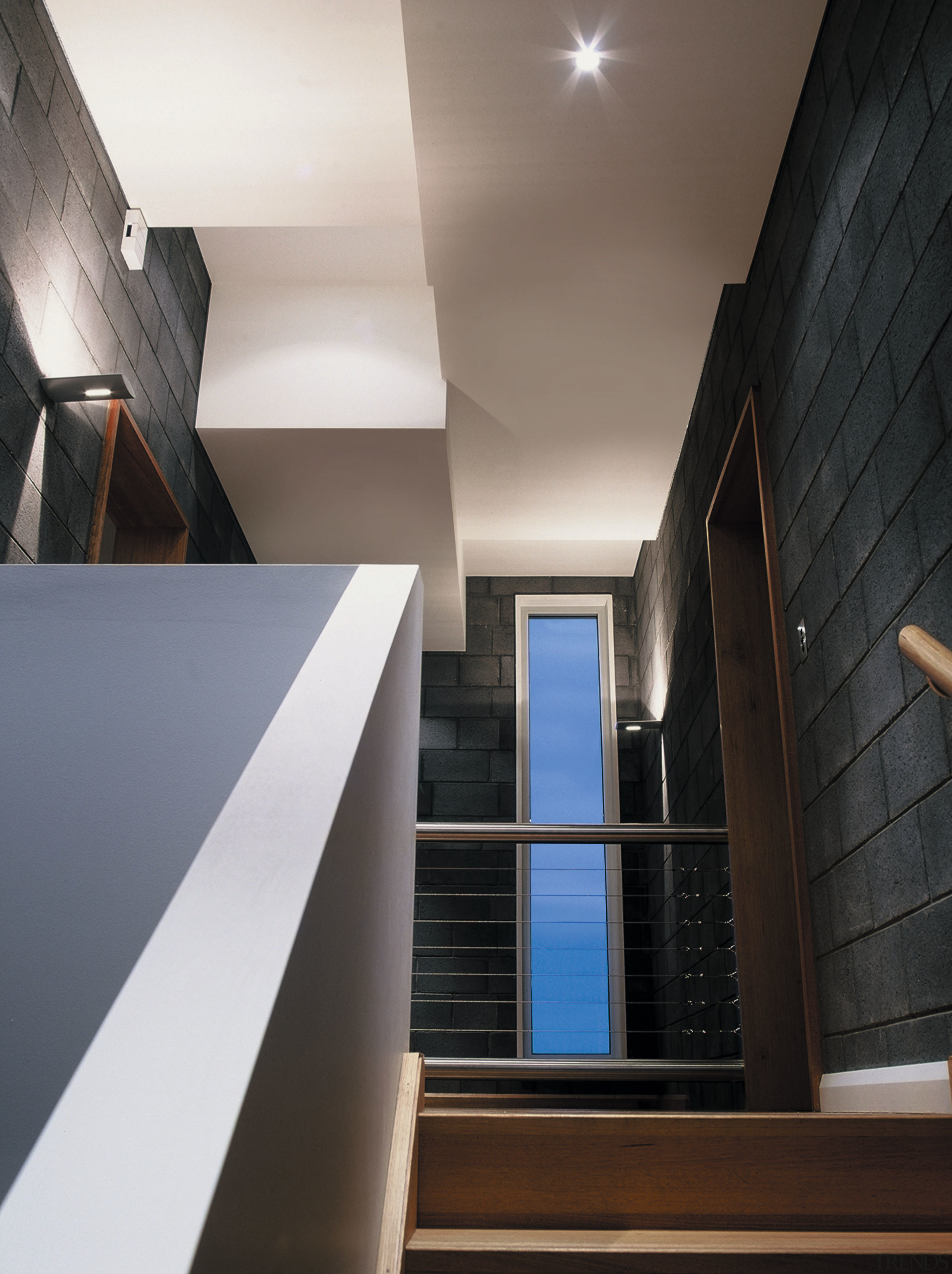 Stairway in house showing dark wall tiles, window apartment, architecture, ceiling, daylighting, house, interior design, stairs, wall, window, black, gray