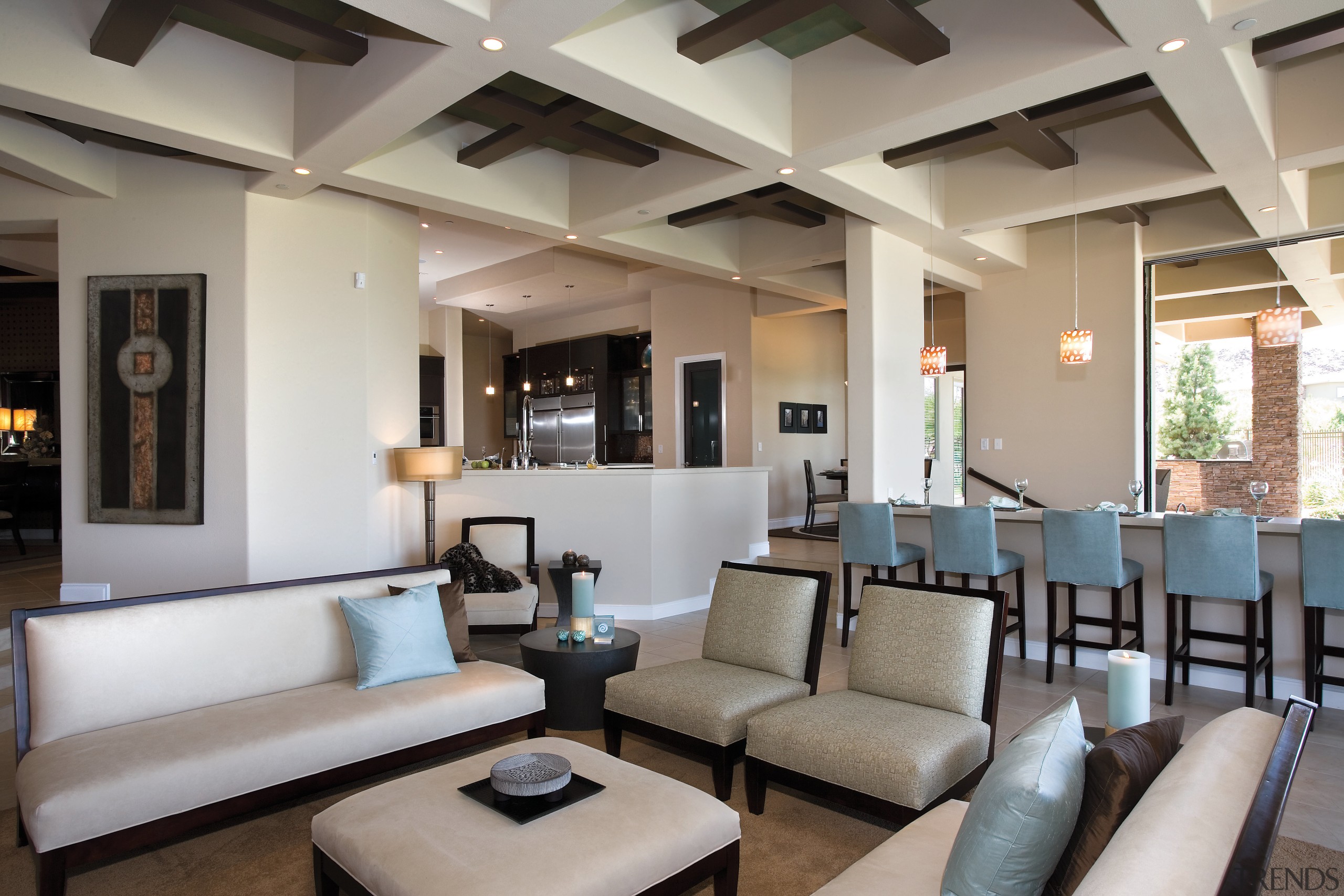 A view of this house that was designed ceiling, interior design, living room, lobby, real estate, room, gray