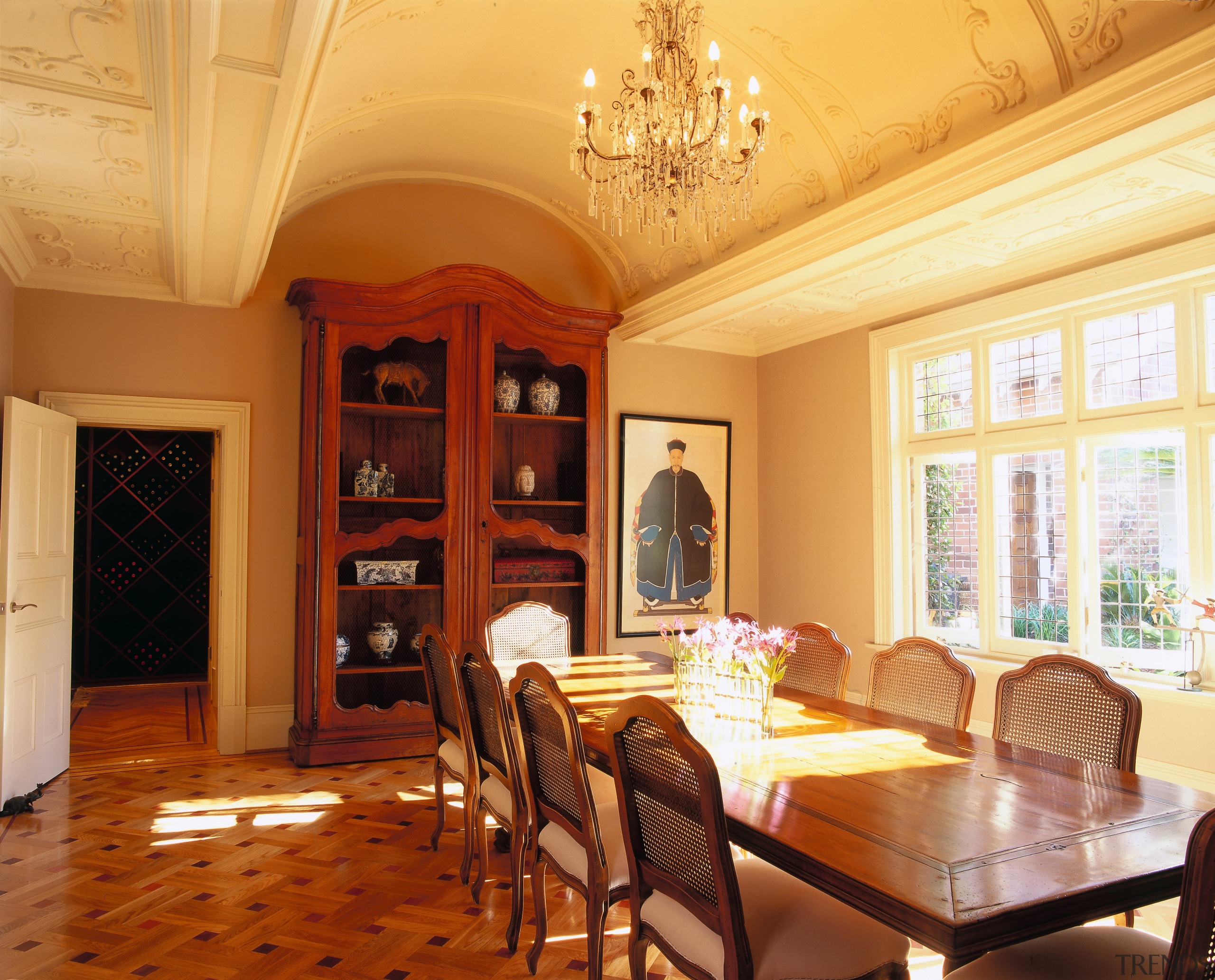 view of the formal dining area looking out ceiling, dining room, estate, home, interior design, living room, property, real estate, room, table, wall, window, orange, brown