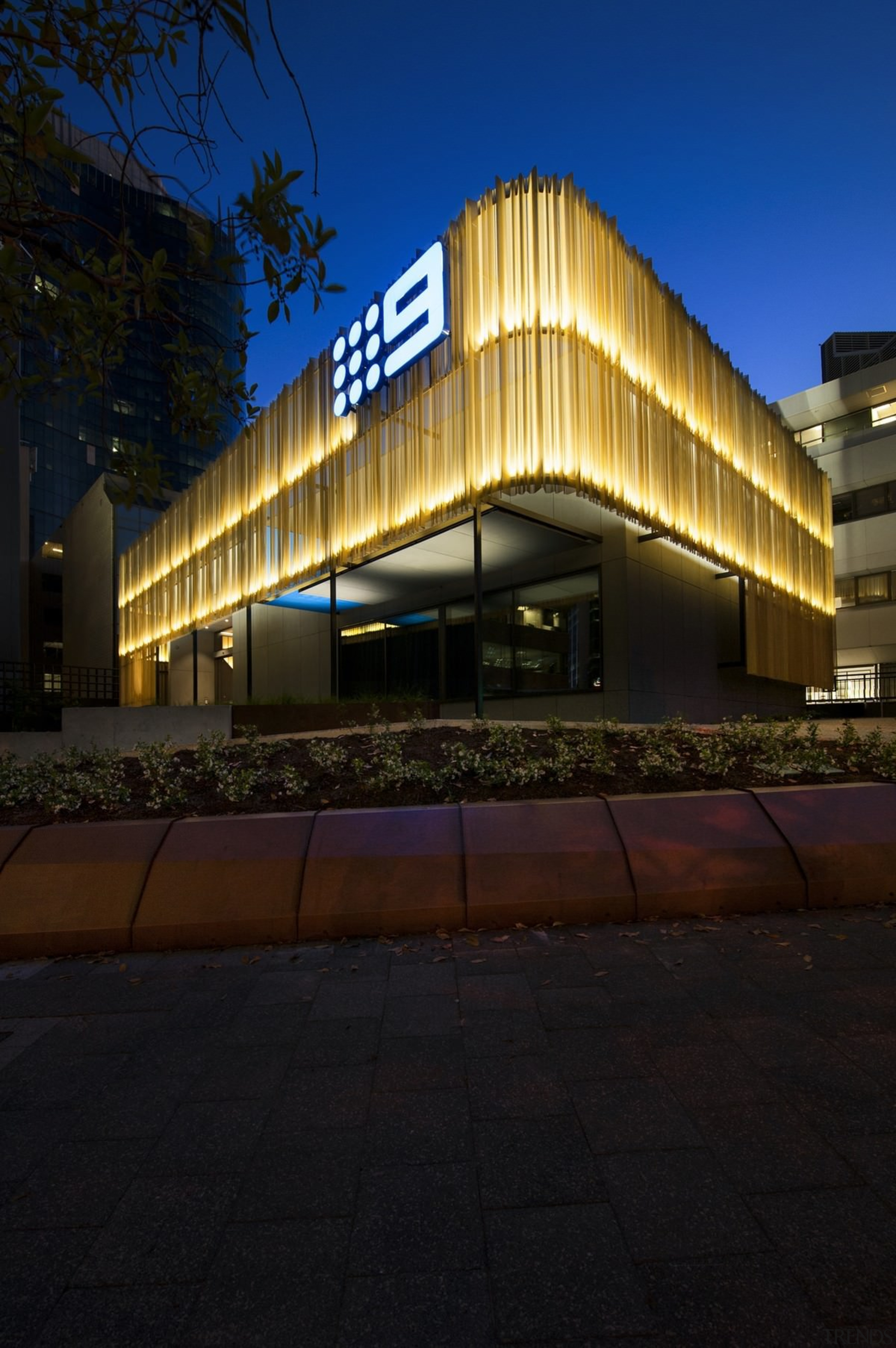 Channel 9 Headquarters – Cox Howlett &amp; Bailey architecture, building, commercial building, corporate headquarters, facade, headquarters, night, property, real estate, residential area, sky, structure, black