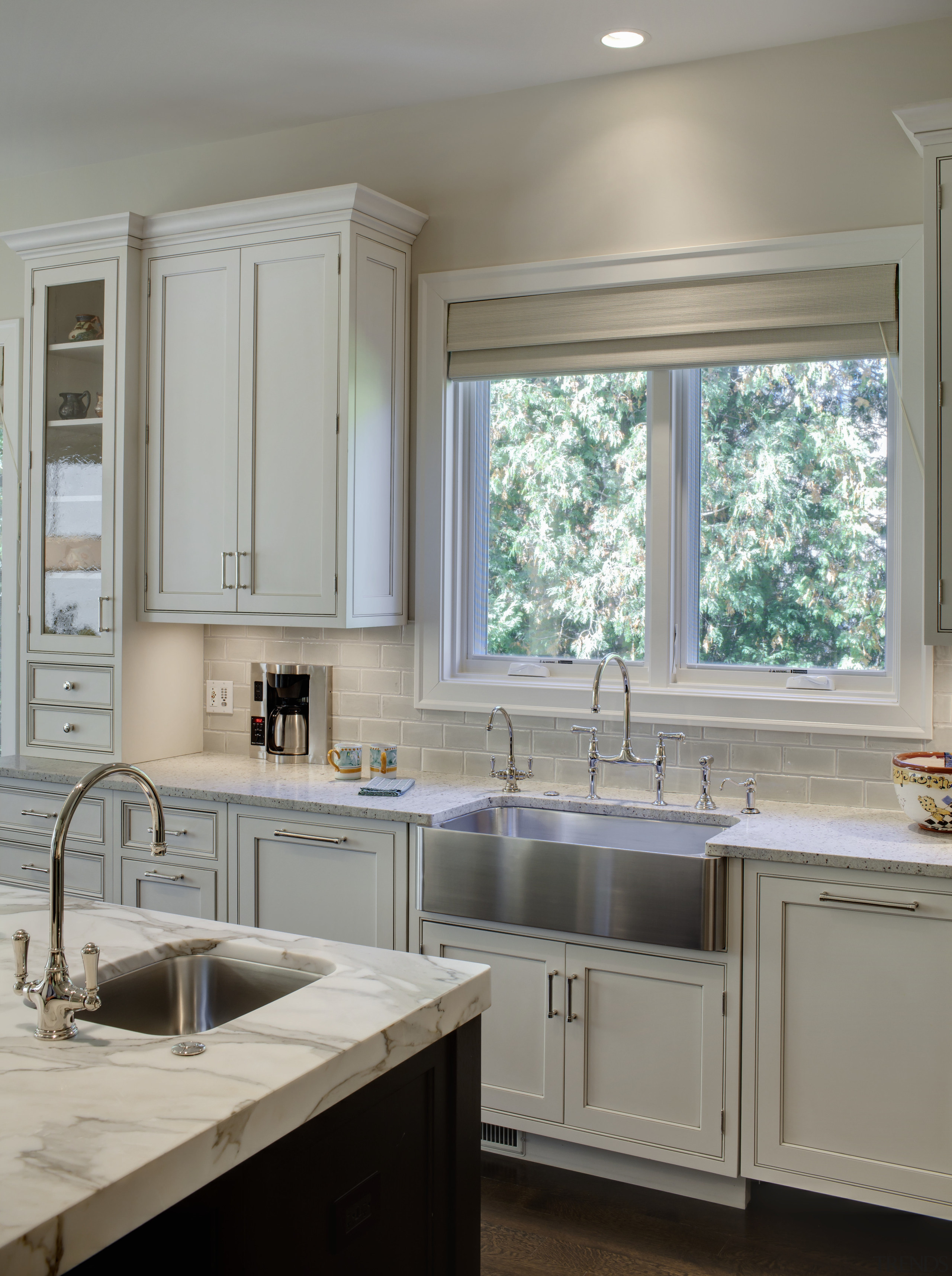 View of kitchen with wooden flooring, stainless drawers bathroom accessory, bathroom cabinet, cabinetry, countertop, cuisine classique, floor, home, interior design, kitchen, room, sink, window, gray