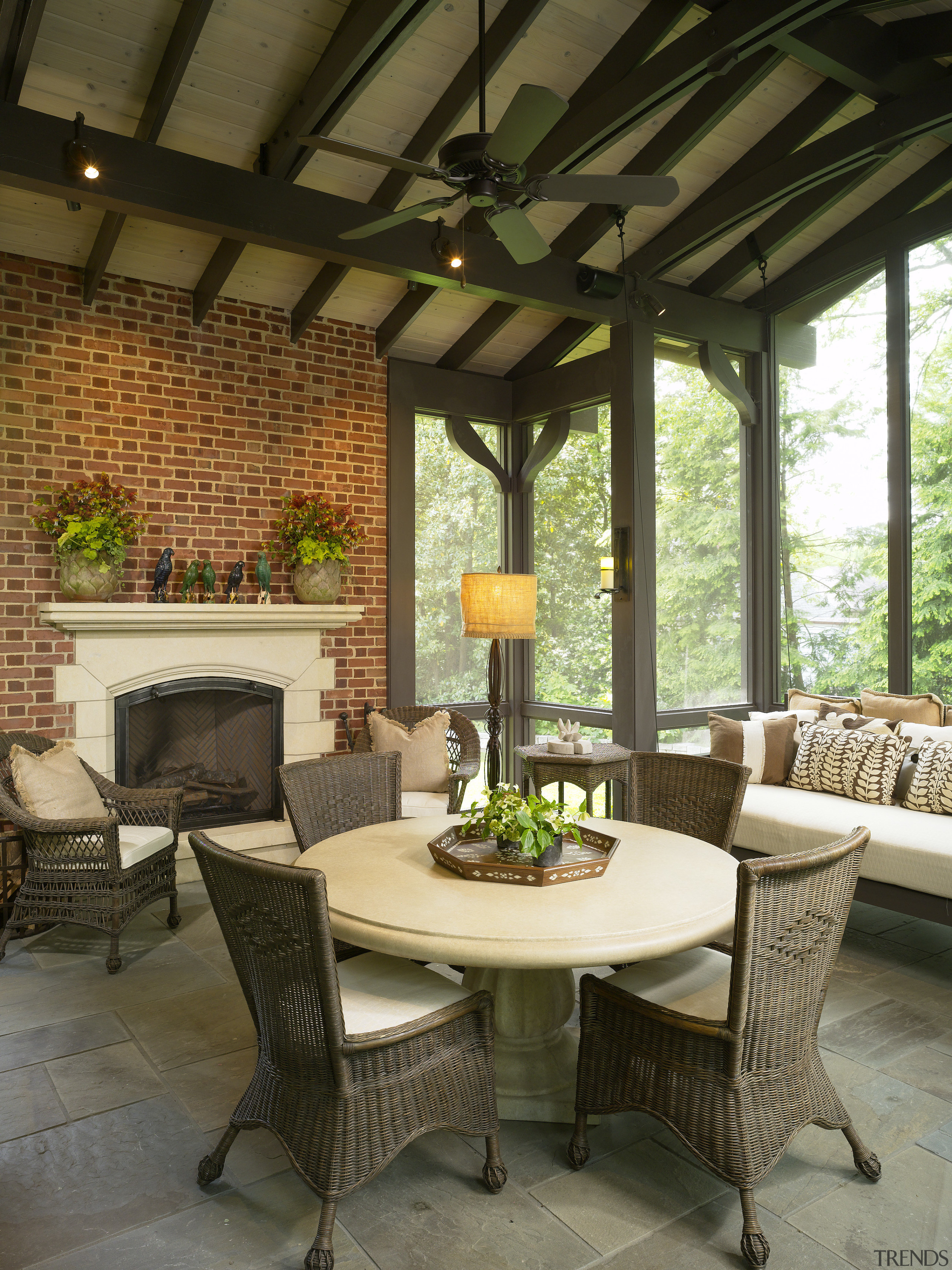 View of the lounge features large windows &amp; dining room, furniture, home, interior design, living room, outdoor structure, patio, porch, real estate, table, brown