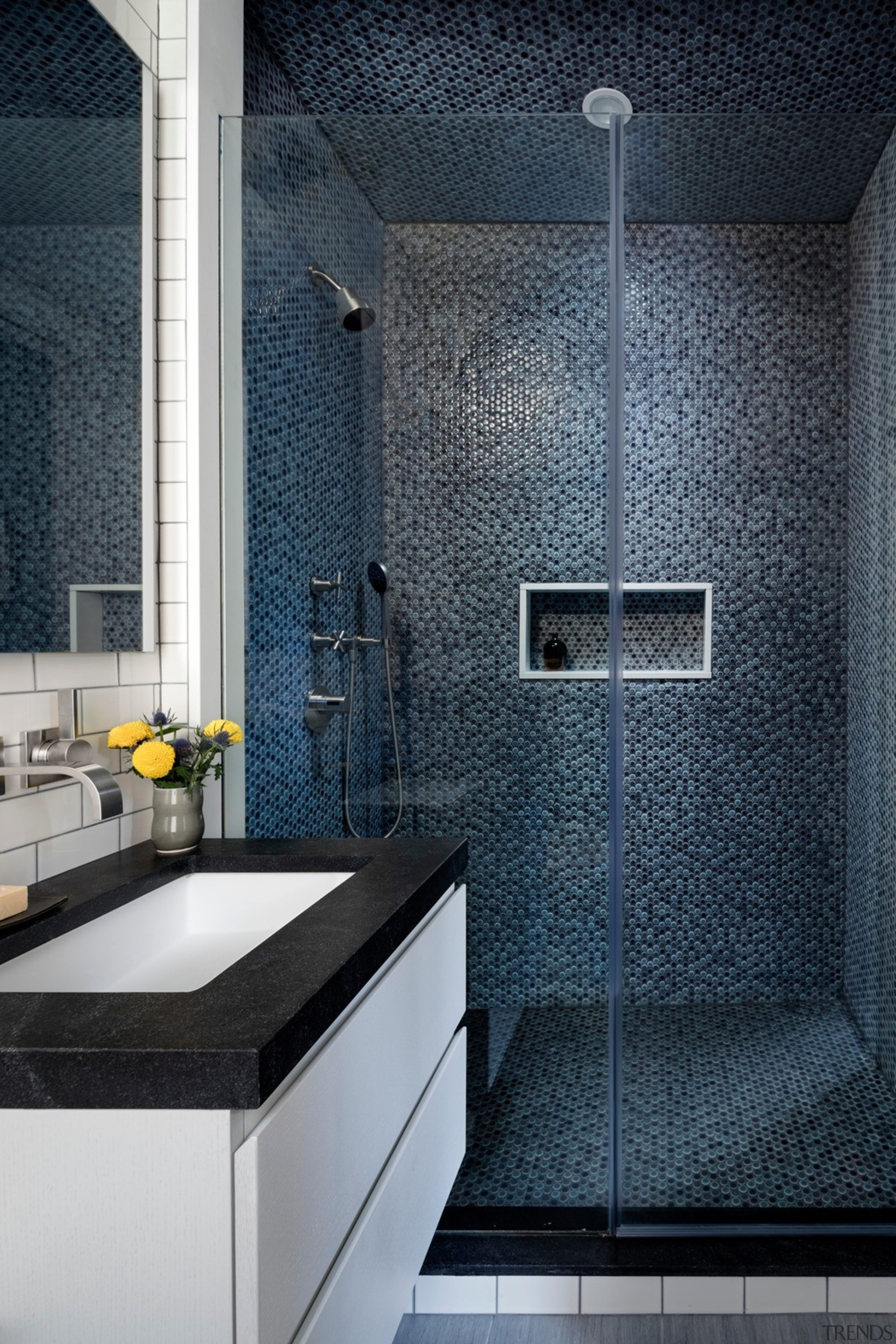 Master bathroom with penny tile shower, Furniture Guild architecture, bathroom, building, ceiling, countertop, floor, flooring, house, interior design, material property, plumbing fixture, property, room, tile, wall, black, gray