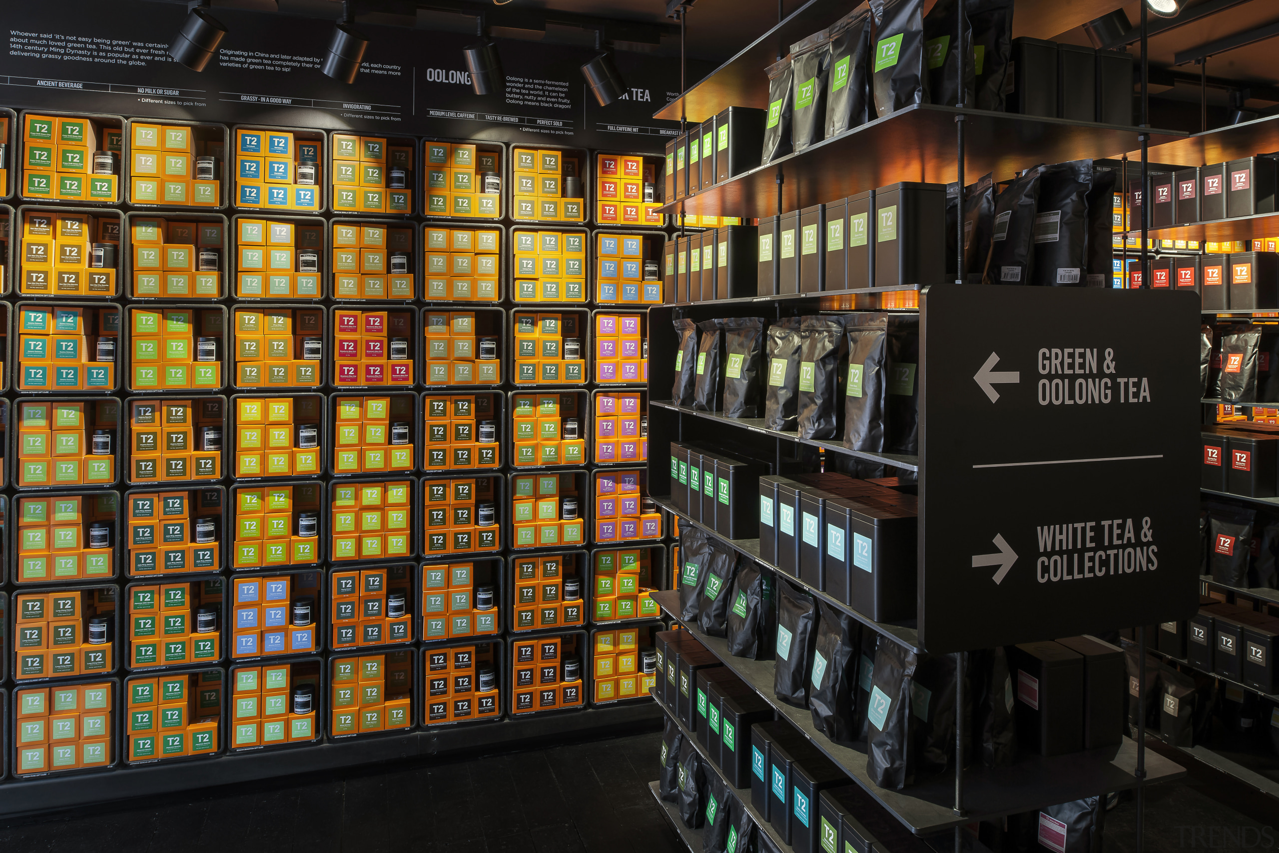 The new T2 store in Shoreditch London highlights grocery store, liquor store, product, retail, black