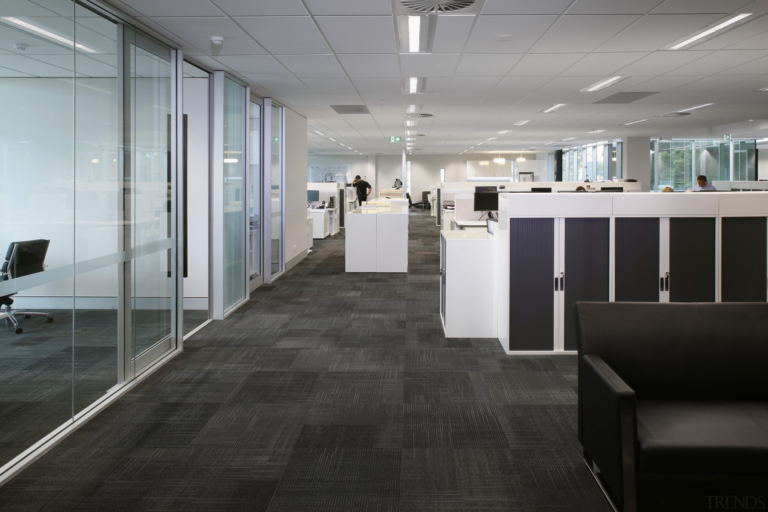 This boutique office development on a brownfields site floor, flooring, interior design, lobby, office, gray, black