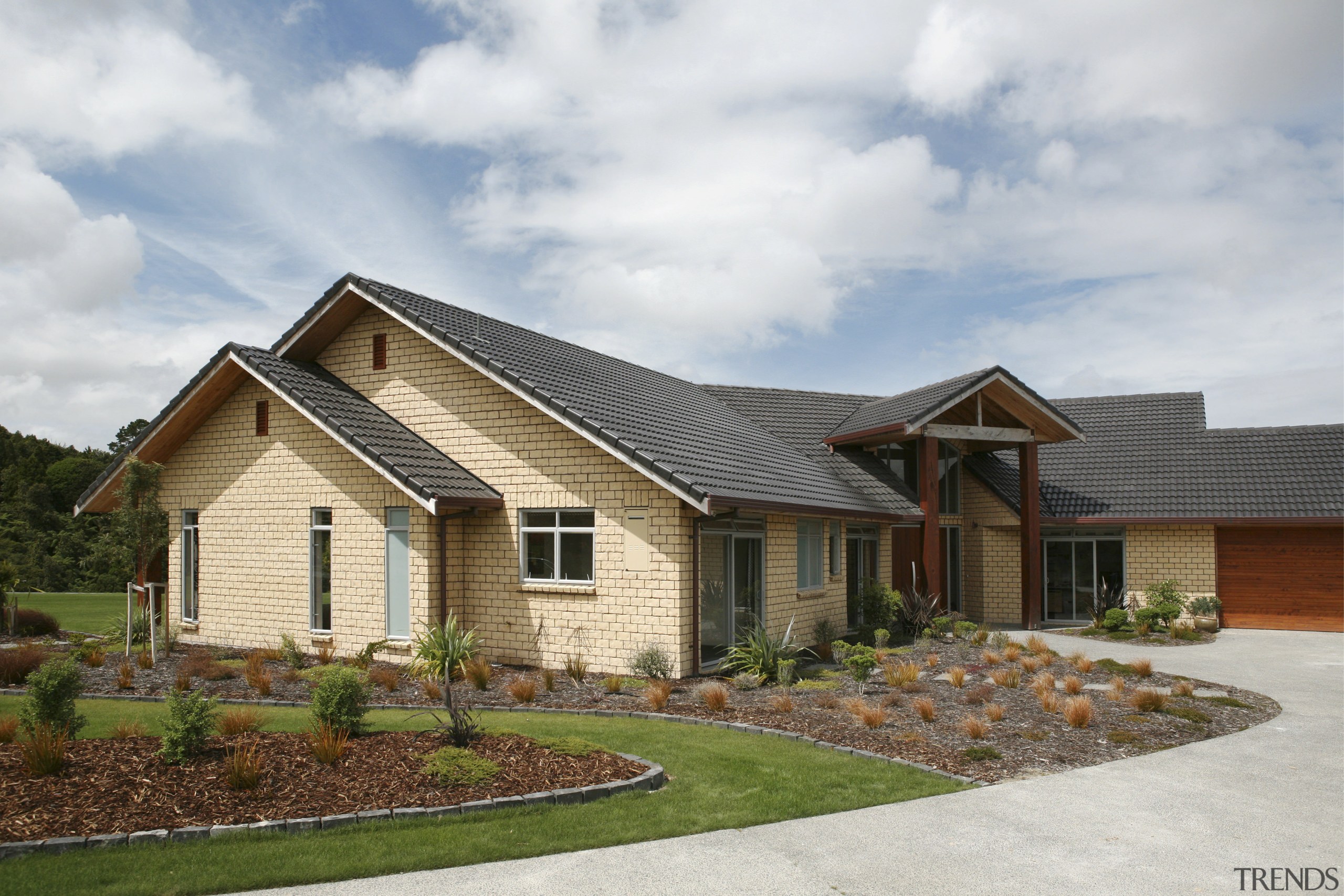 exterior shot of house roofing clay bricks - cottage, elevation, estate, facade, home, house, landscape, landscaping, property, real estate, residential area, roof, siding, white, brown