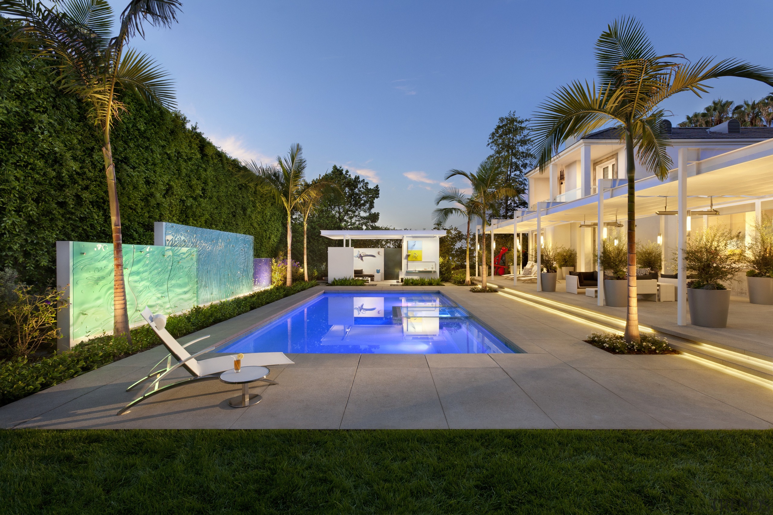 View of the pool which was built by arecales, estate, hacienda, home, house, leisure, mansion, palm tree, property, real estate, residential area, resort, swimming pool, villa, brown