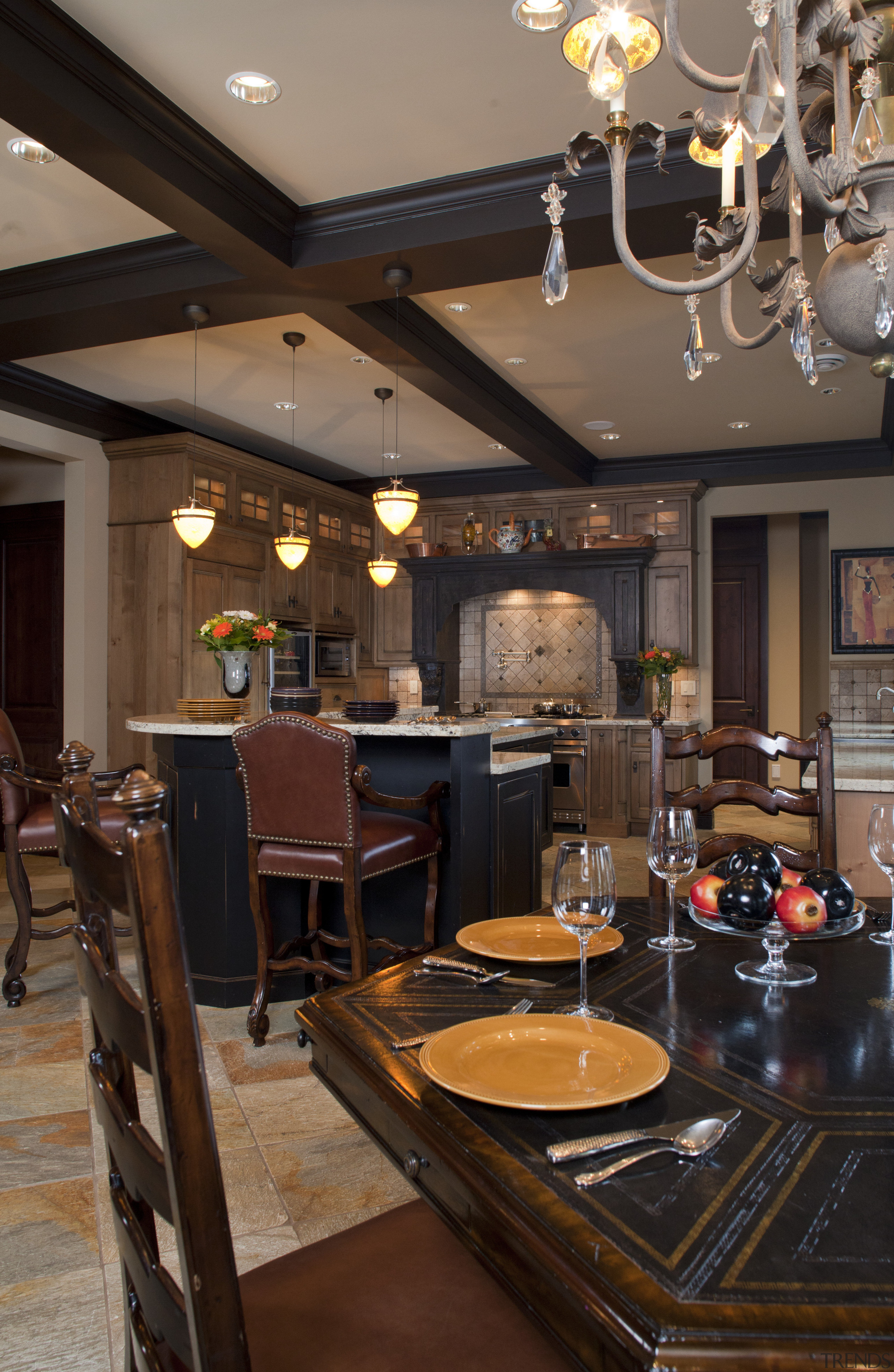 View of kitchen with aged look, featuring internally ceiling, countertop, dining room, interior design, restaurant, room, table, black, brown