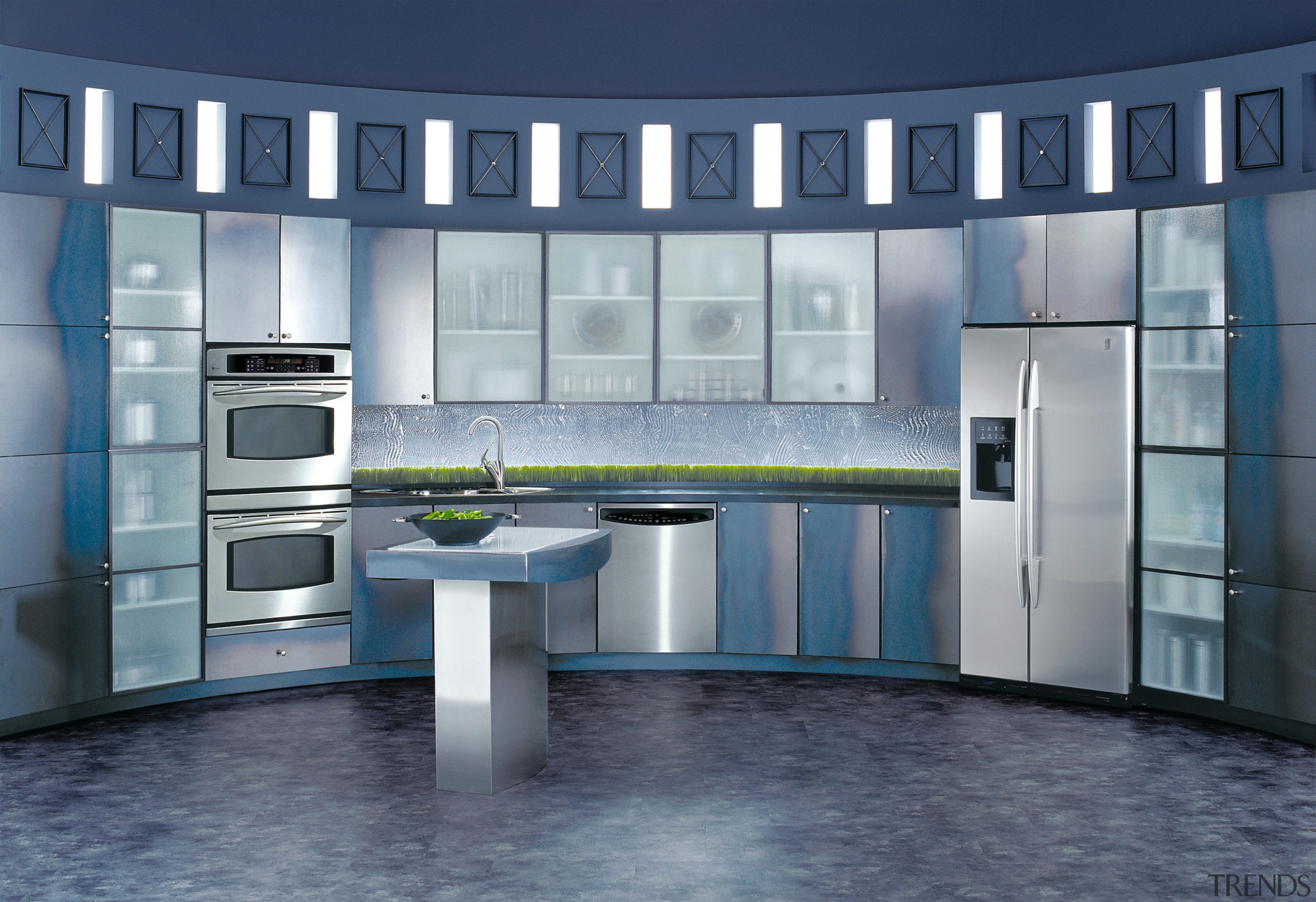 View of a kitchen, lino floors, blue walls, countertop, interior design, kitchen, product design, room, gray, blue