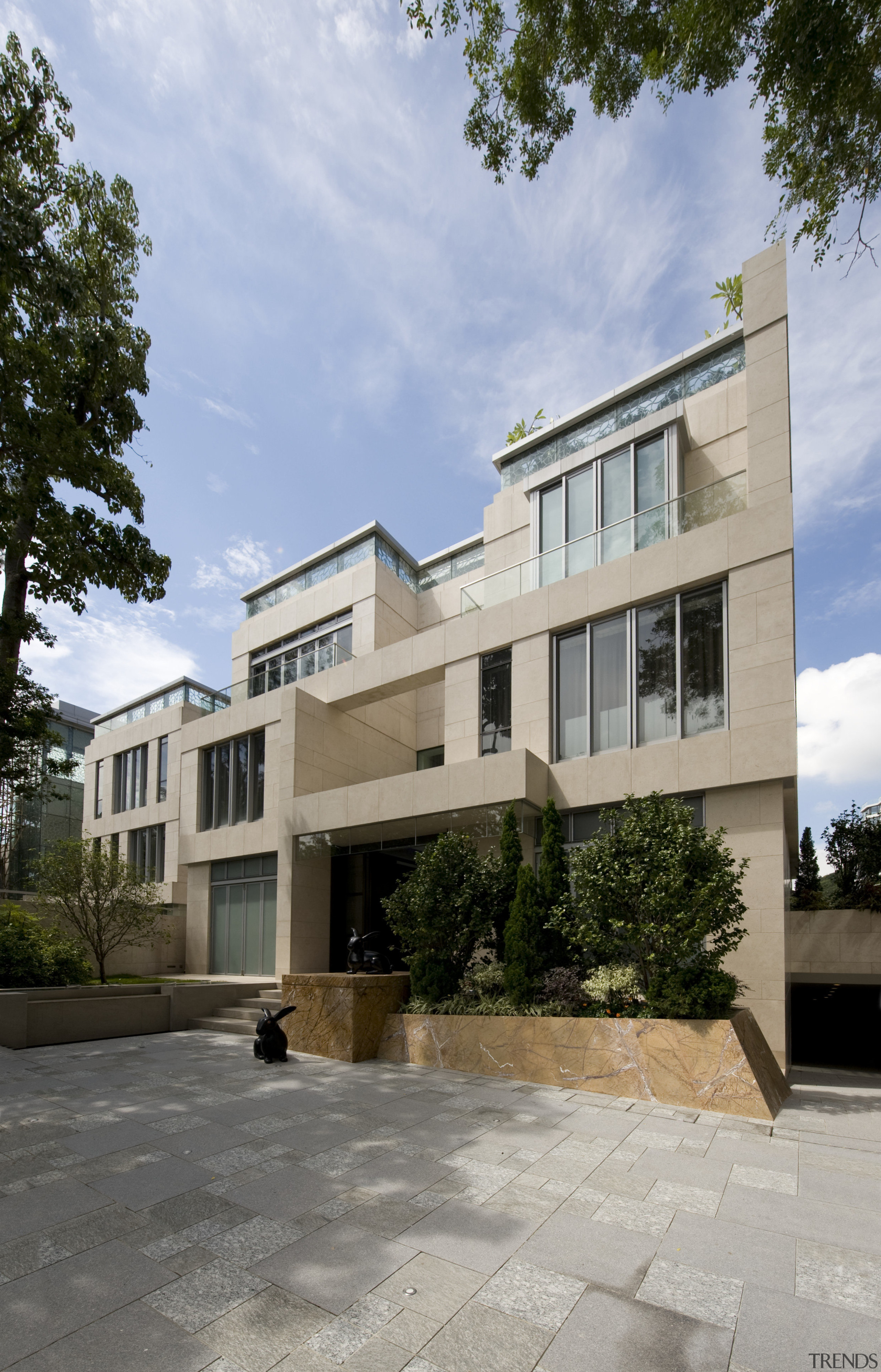 Exterior view of contemporary home. - Exterior view apartment, architecture, building, condominium, elevation, estate, facade, home, house, neighbourhood, property, real estate, residential area, window, gray, teal