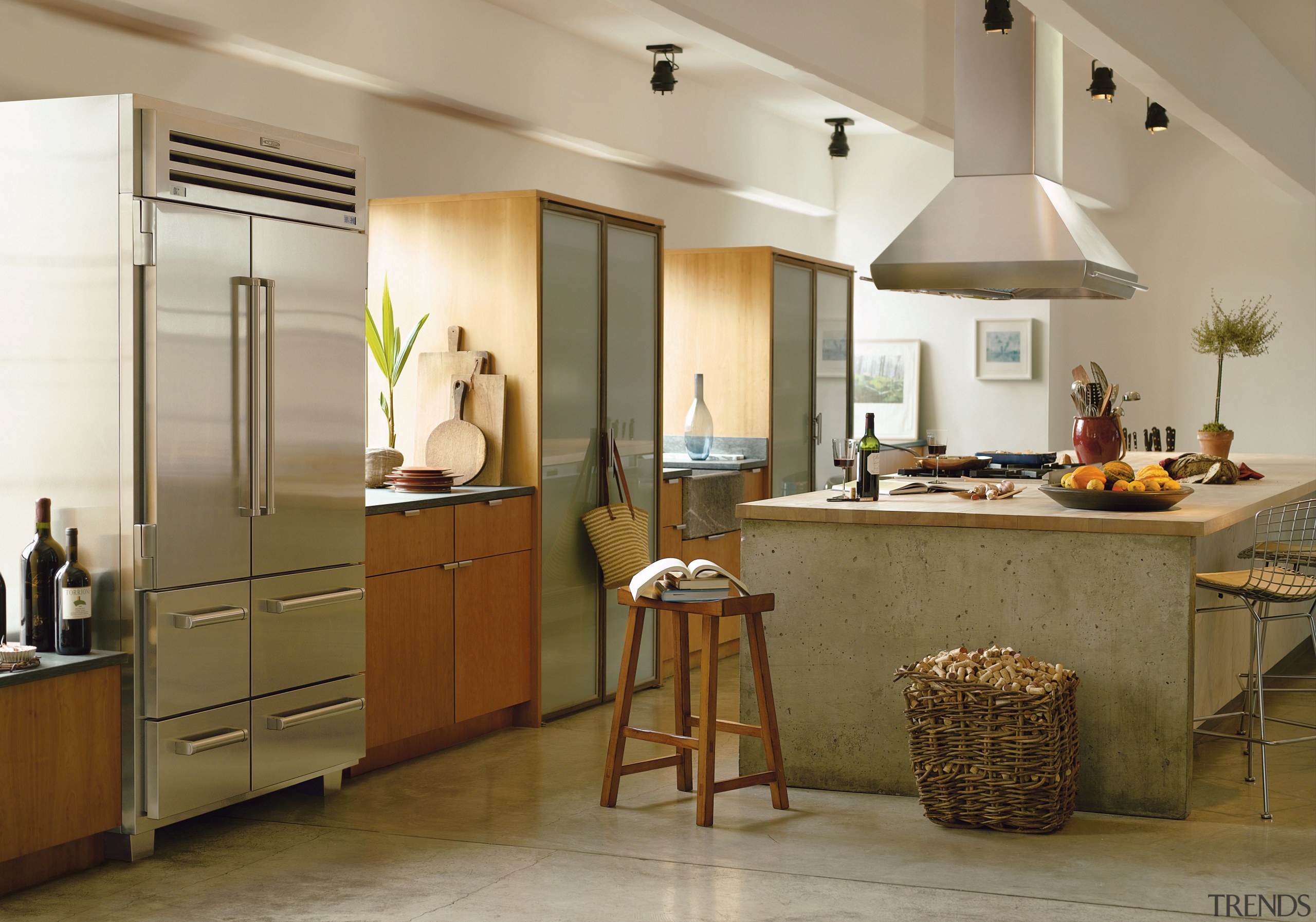 A view of a kitchen, polished concrete floor, cabinetry, countertop, cuisine classique, flooring, interior design, kitchen, room, brown, gray