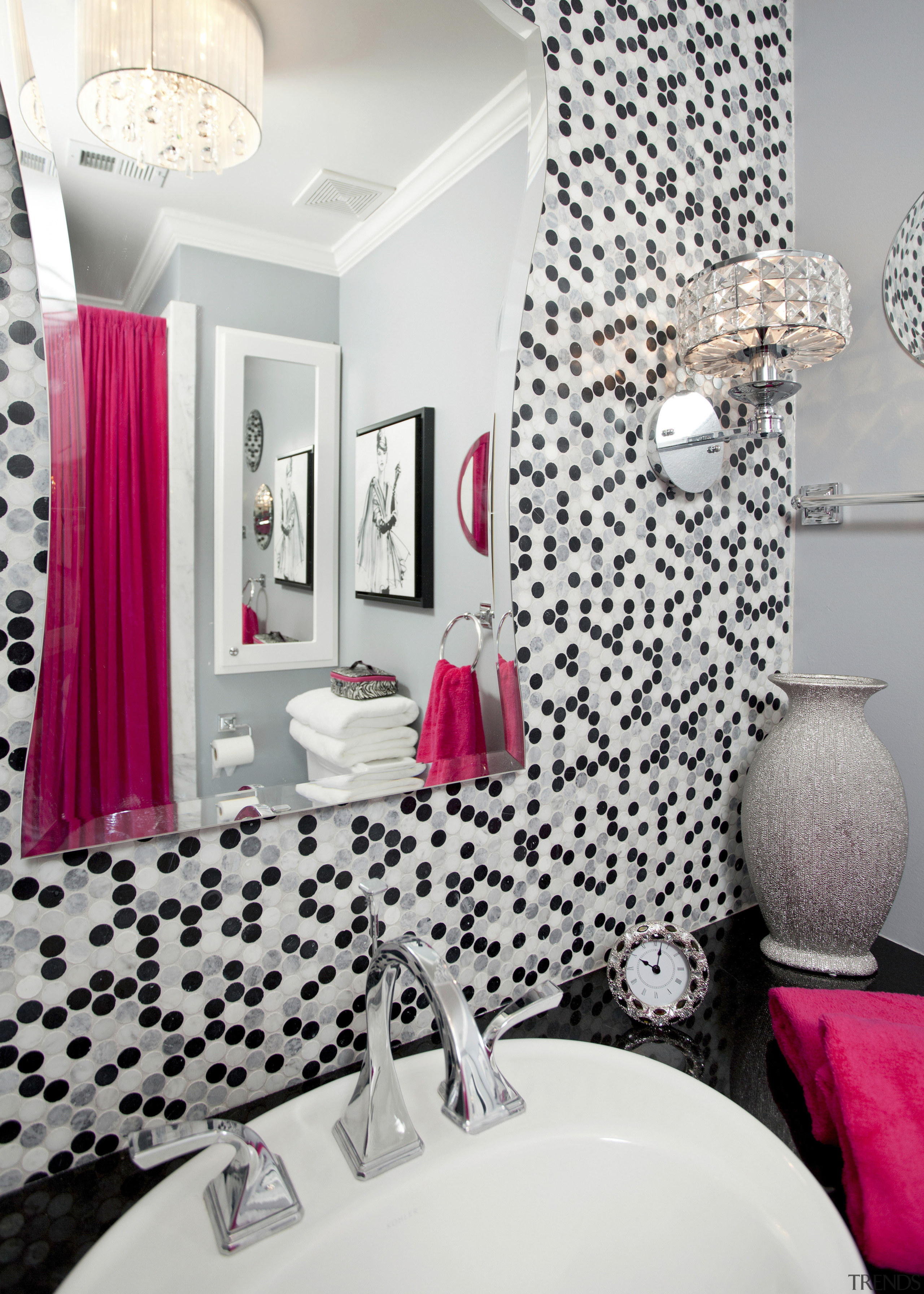 View of contemporary bahtroom with mosaic splashback and bathroom, curtain, design, home, interior design, living room, pattern, pink, purple, room, textile, wall, window, white