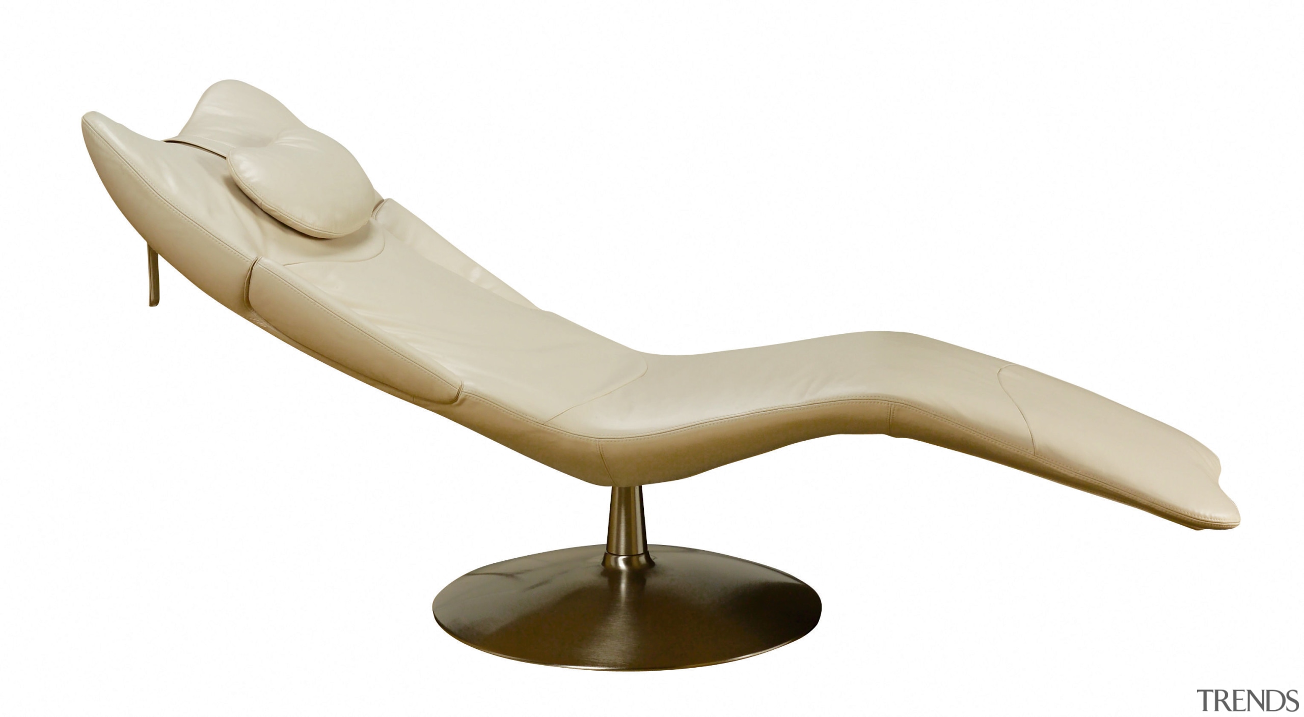 View of a long, curvey, cream leather seat chair, chaise longue, furniture, product design, white