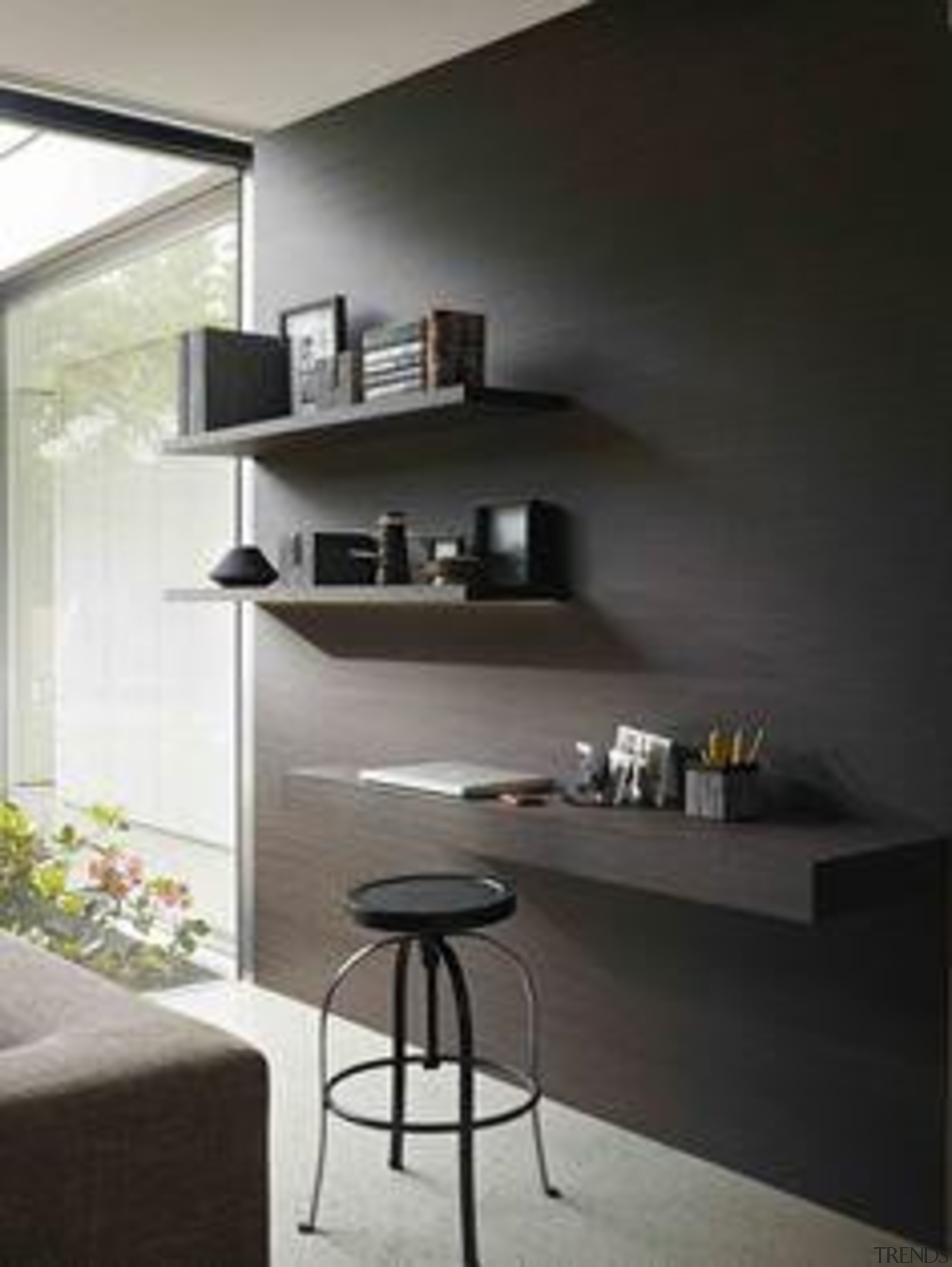 Styling Wendy Bannister. Photography Earl Carter. - Wall bookcase, chest of drawers, furniture, home, interior design, living room, product design, shelf, shelving, table, wall, black, gray