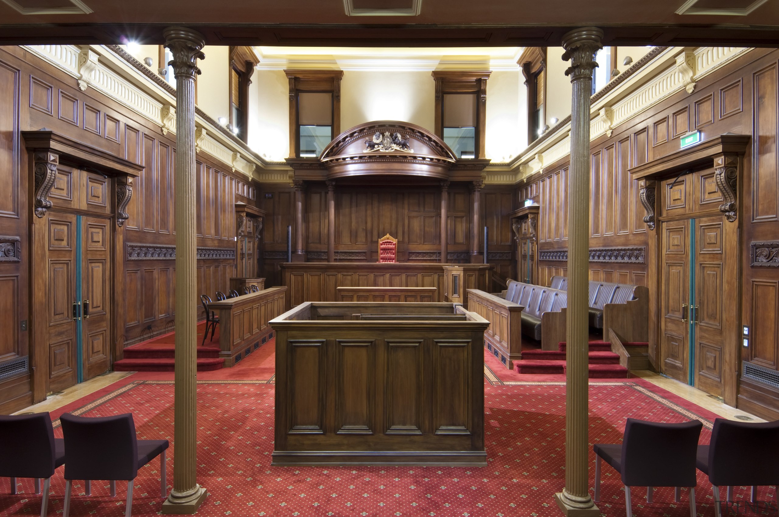 Interior view of the restored Old High Court court, furniture, interior design, lobby, wood, brown
