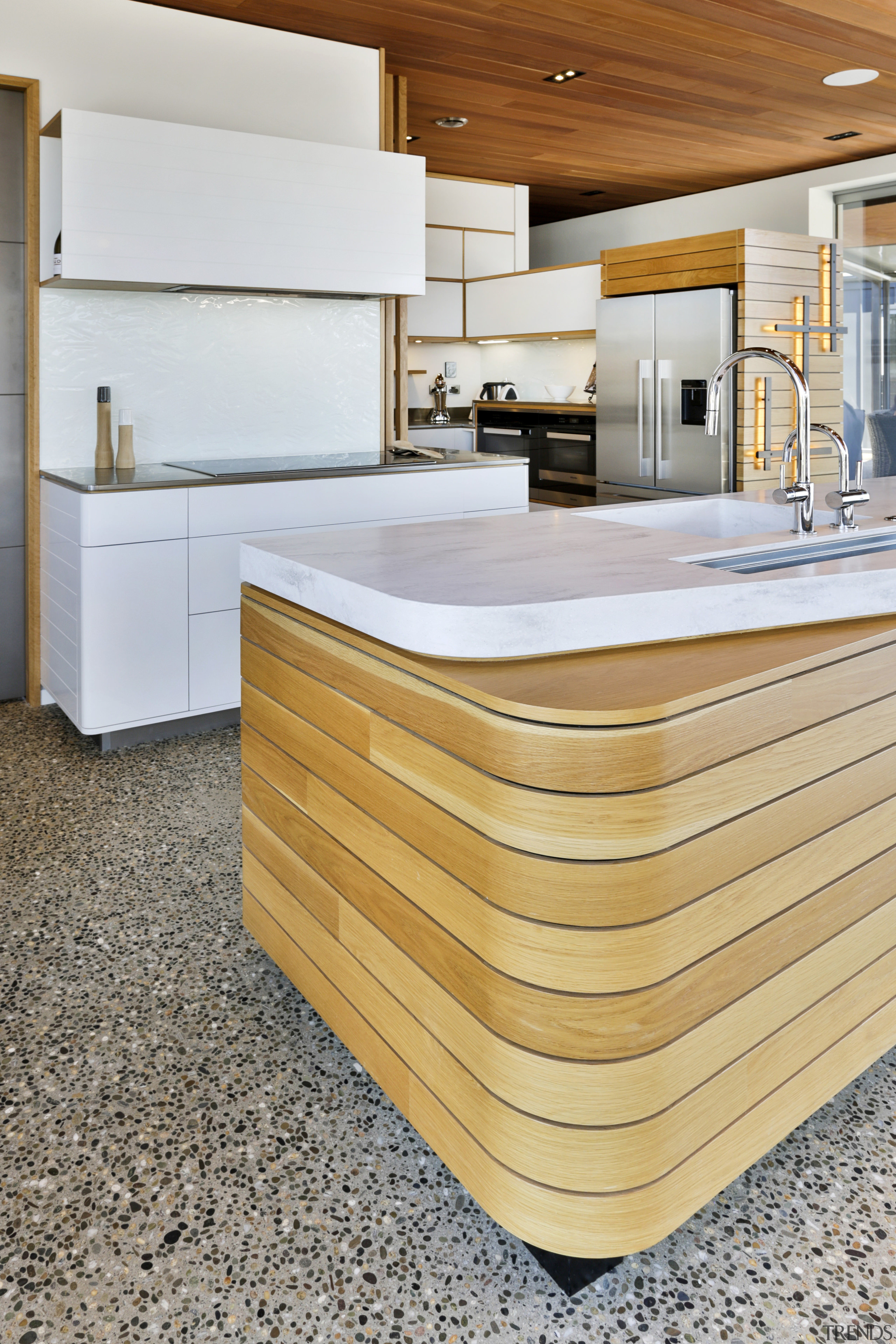 The combination of narrow Corian top and protruding countertop, Benchtop, Corian, floor, hardwood, kitchen, wood, Melanie Craig Design