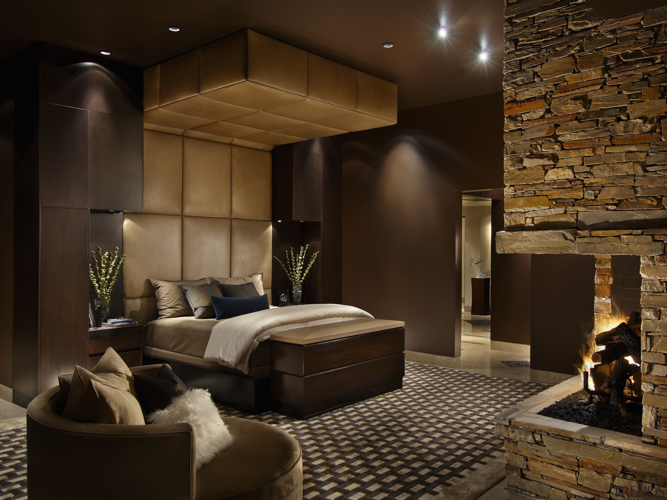 View of master bedroom, bedroom furnishings, brown linen, bedroom, ceiling, interior design, lighting, room, suite, wall, black, brown