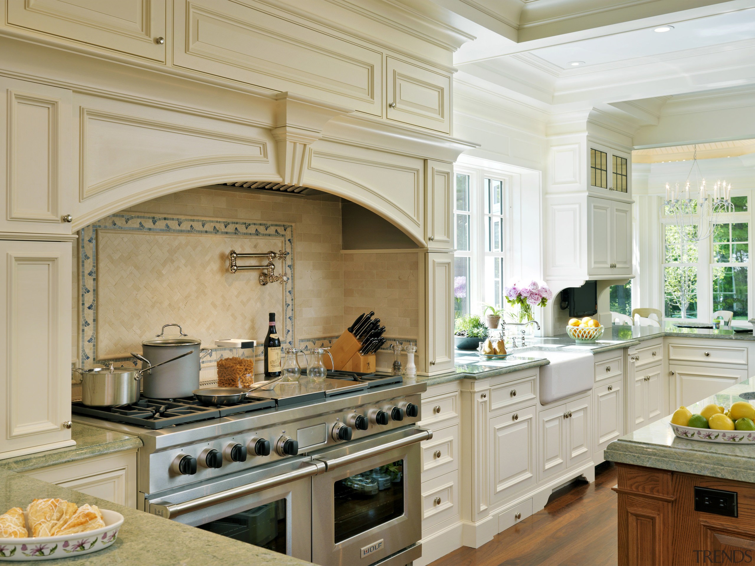 View of kitchen which evokes classic aesthetic, mahogany cabinetry, countertop, cuisine classique, estate, flooring, interior design, kitchen, gray