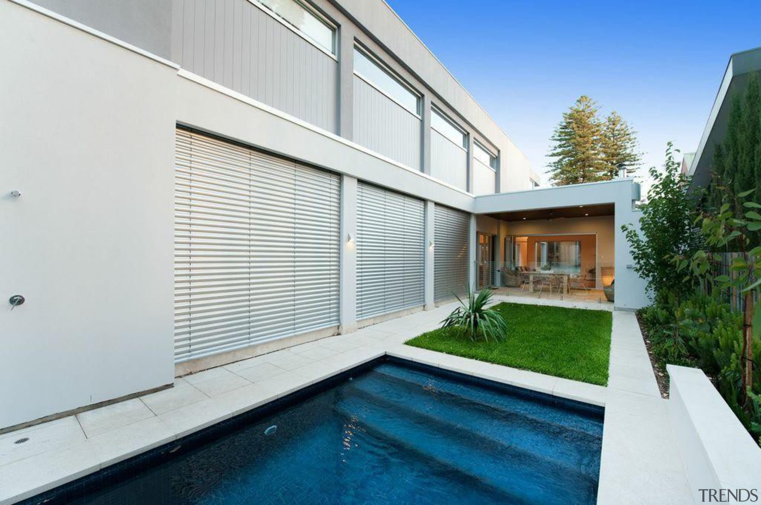 External Venetian Blinds offer highly effective sun and architecture, daylighting, estate, facade, home, house, property, real estate, roof, swimming pool, window, white
