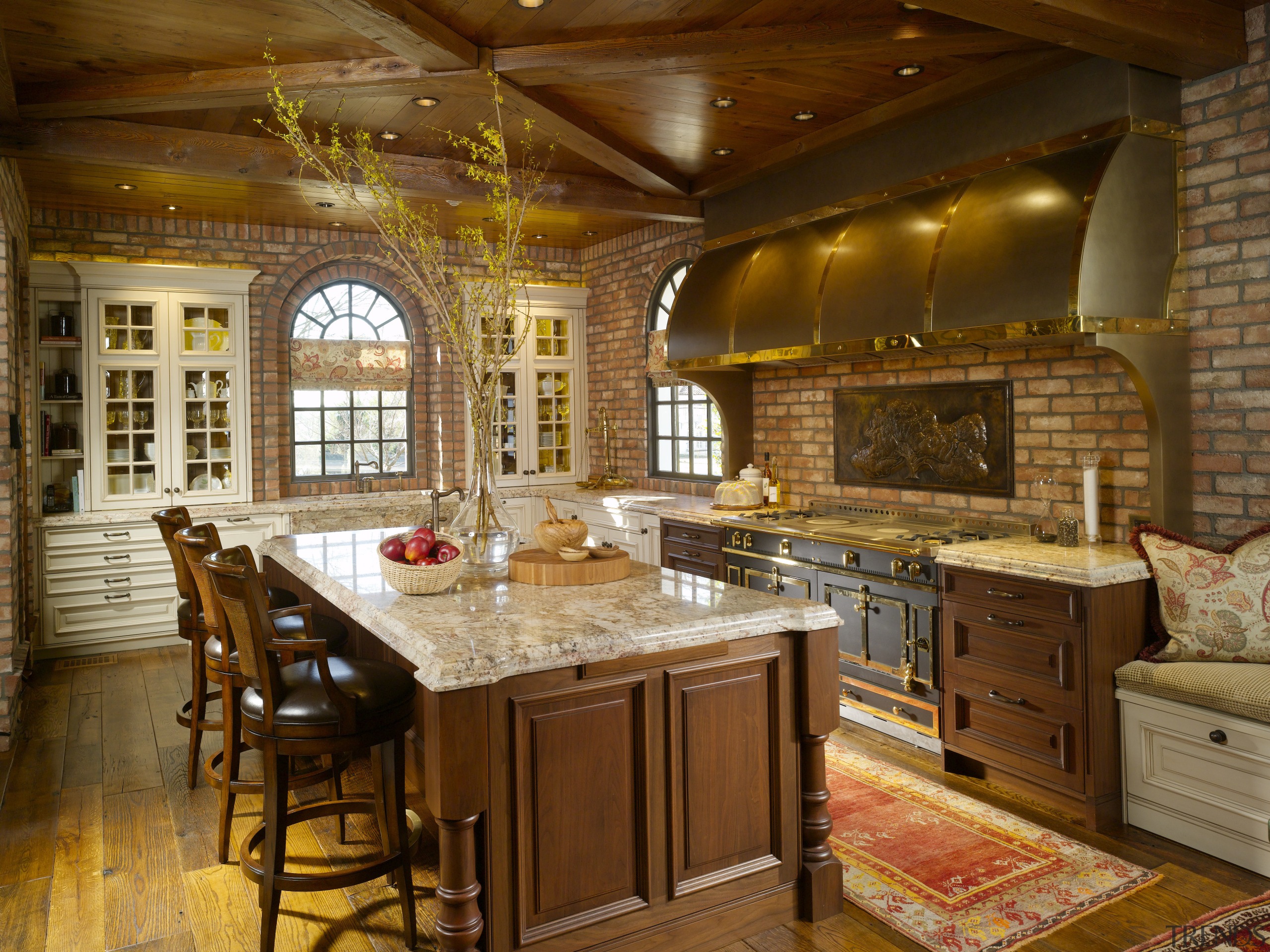 traditional kitchen, lots of brown, marble benchtops, brass cabinetry, ceiling, countertop, cuisine classique, estate, flooring, hardwood, interior design, kitchen, real estate, room, wood, wood flooring, brown