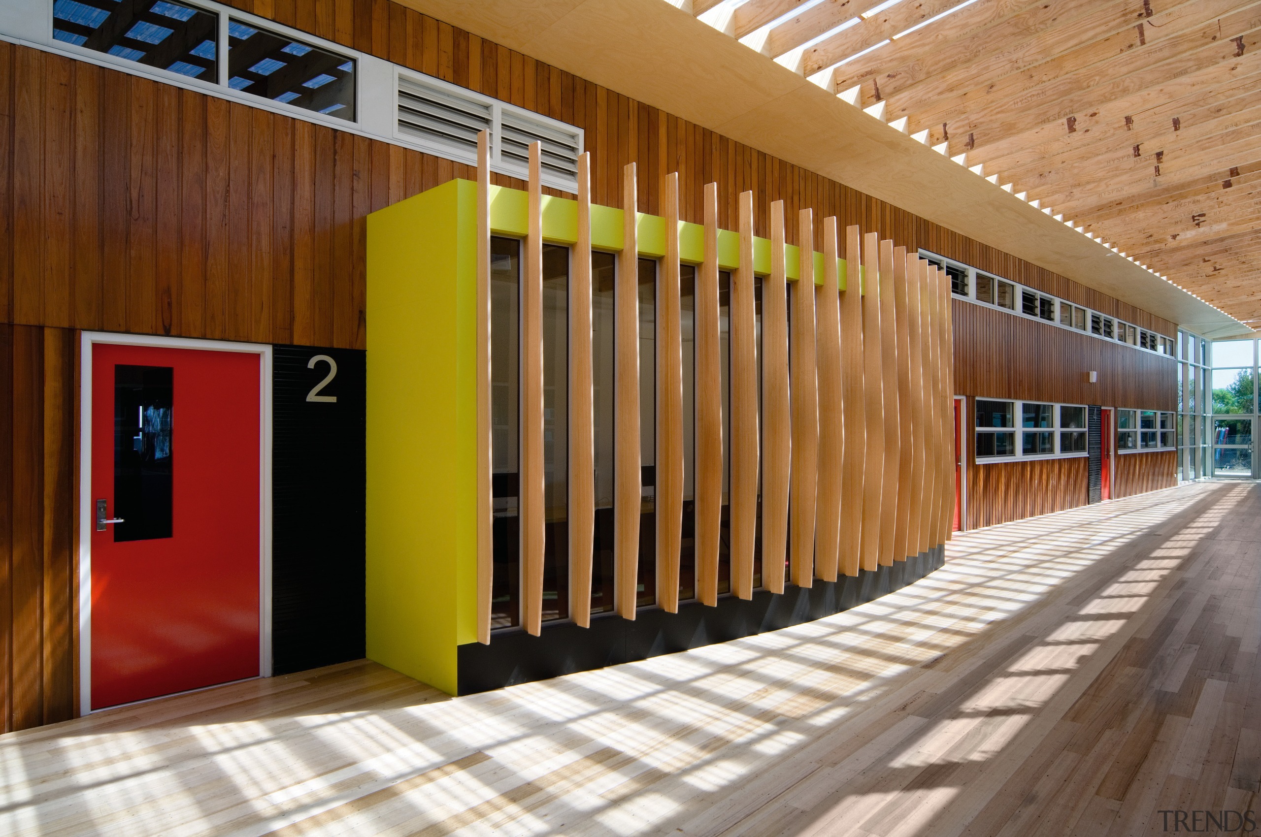 View of Williamstown High School in Melbourne. Designed architecture, facade, leisure centre, wood, brown